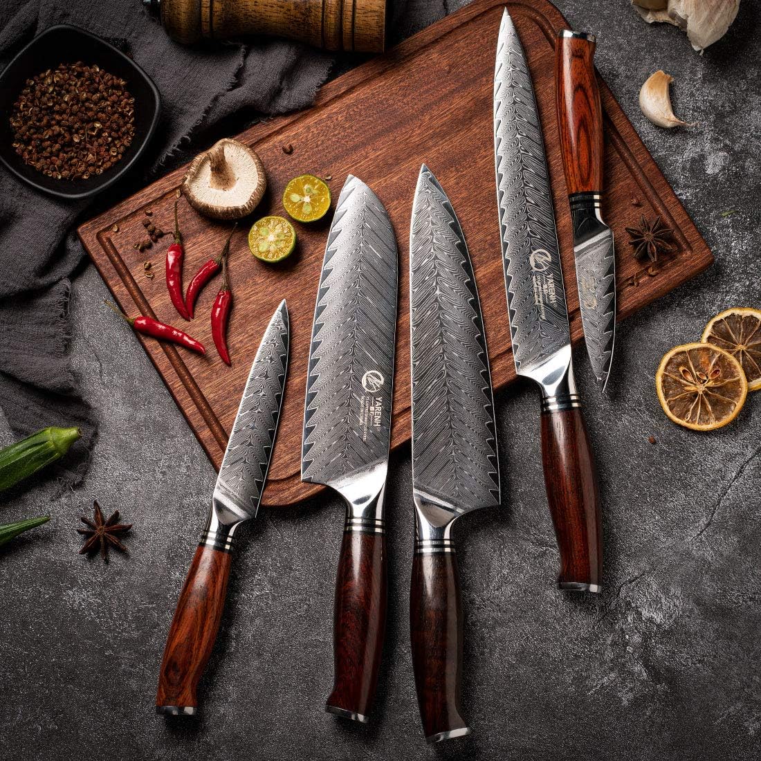 5-teiliges Damast Küchenmesser-Set mit Geschenkbox, Kochmesser Set 5er