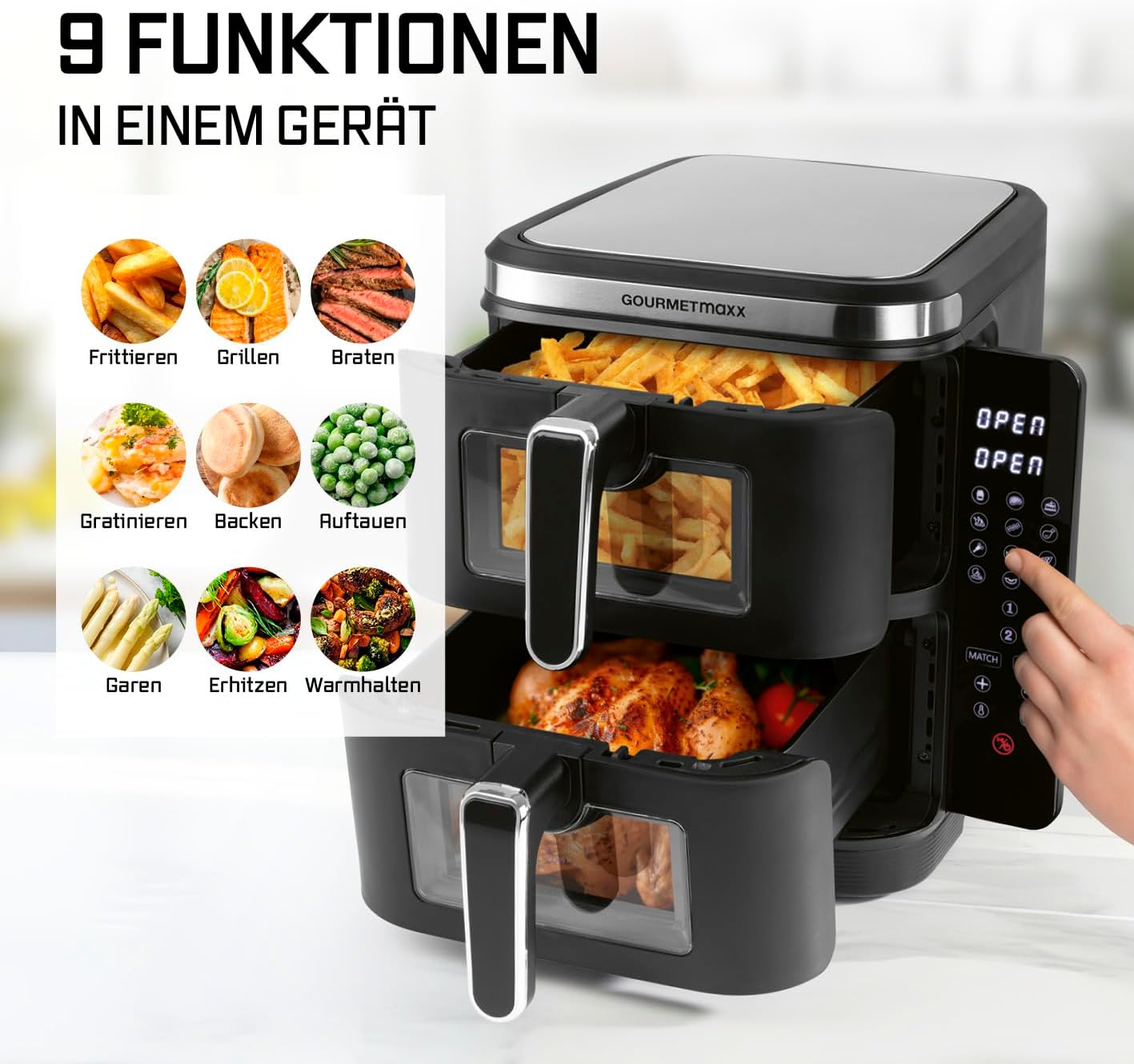 FryUp Heissluftfritteuse mit Doppelkammer, 10 Liter (2x 5L)