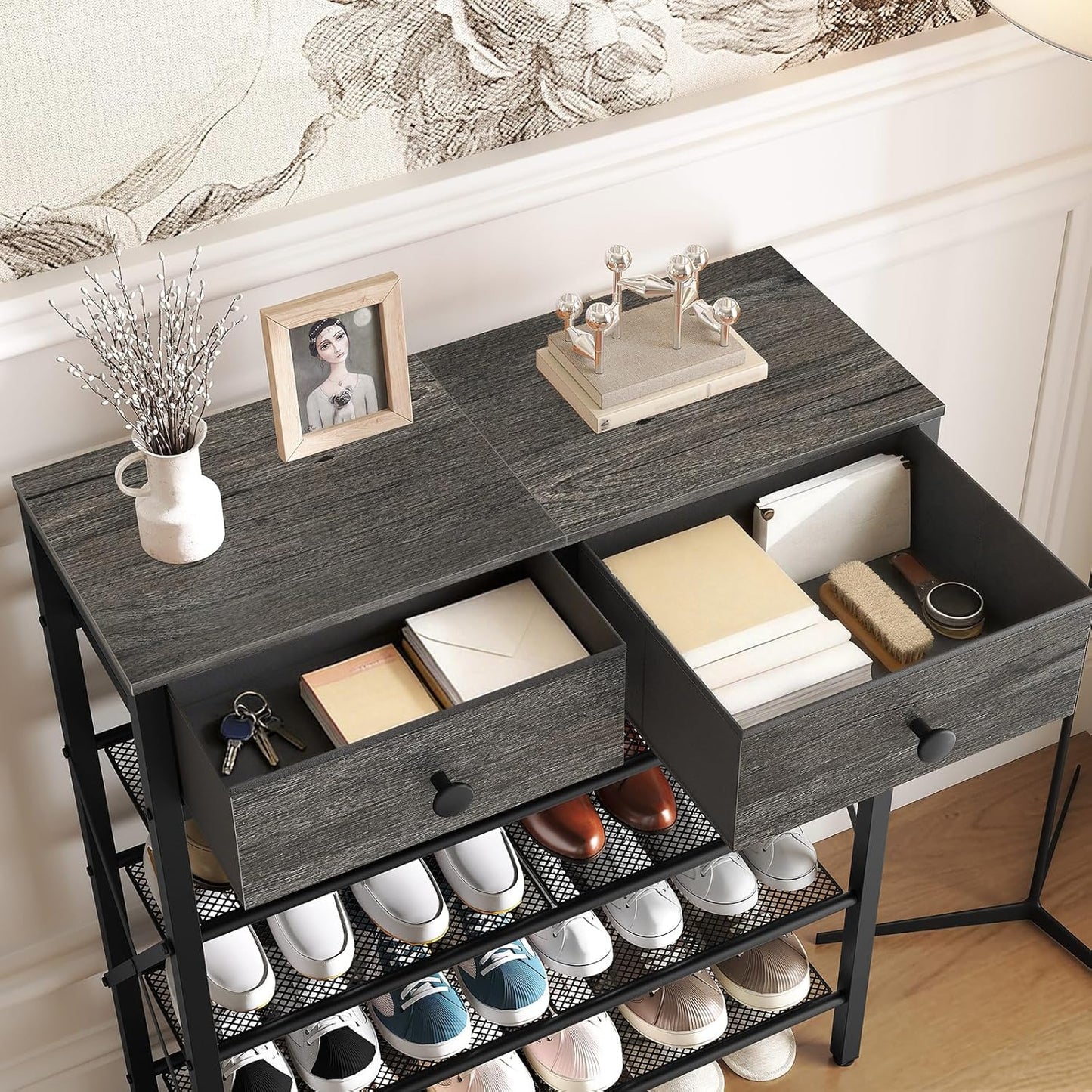 Schuhregal mit 5 Ebenen und 2 Stoffschubladen, 70,5 x 27,5 x 96 cm Anthrazitgrau + Schwarz