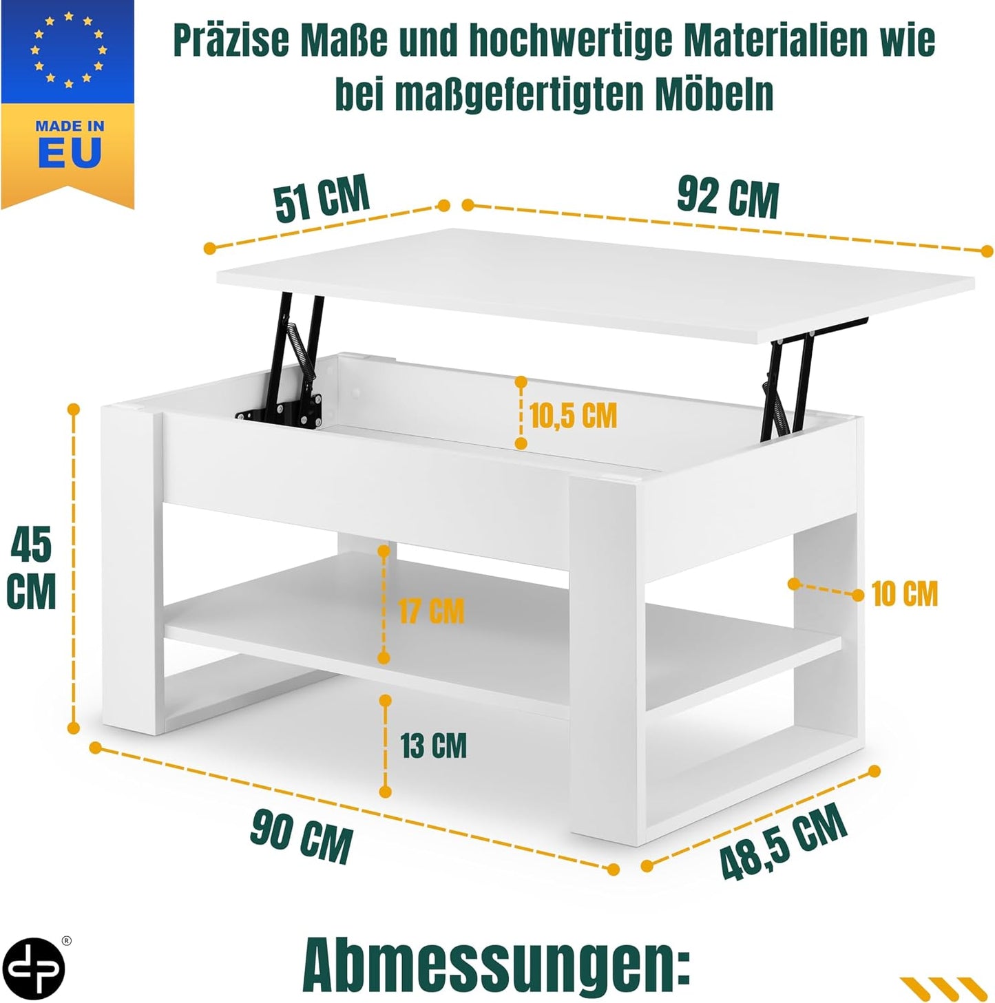 Höhenverstellbarer Couchtisch mit Stauraum und Ablage, Weiss