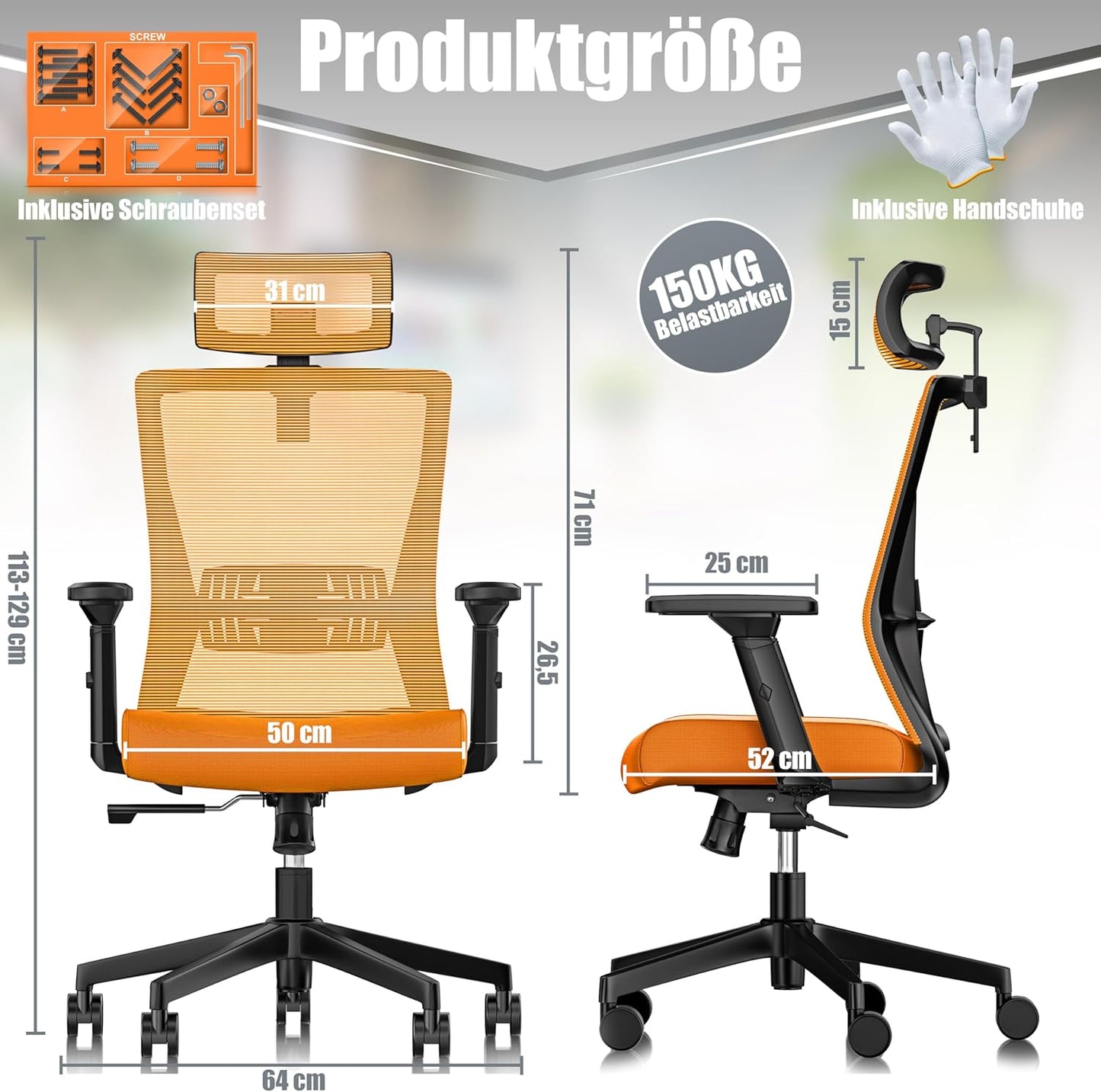 Ergonomischer Bürostuhl mit Wippfunktion und Lendenstütze, Orange / Schwarz