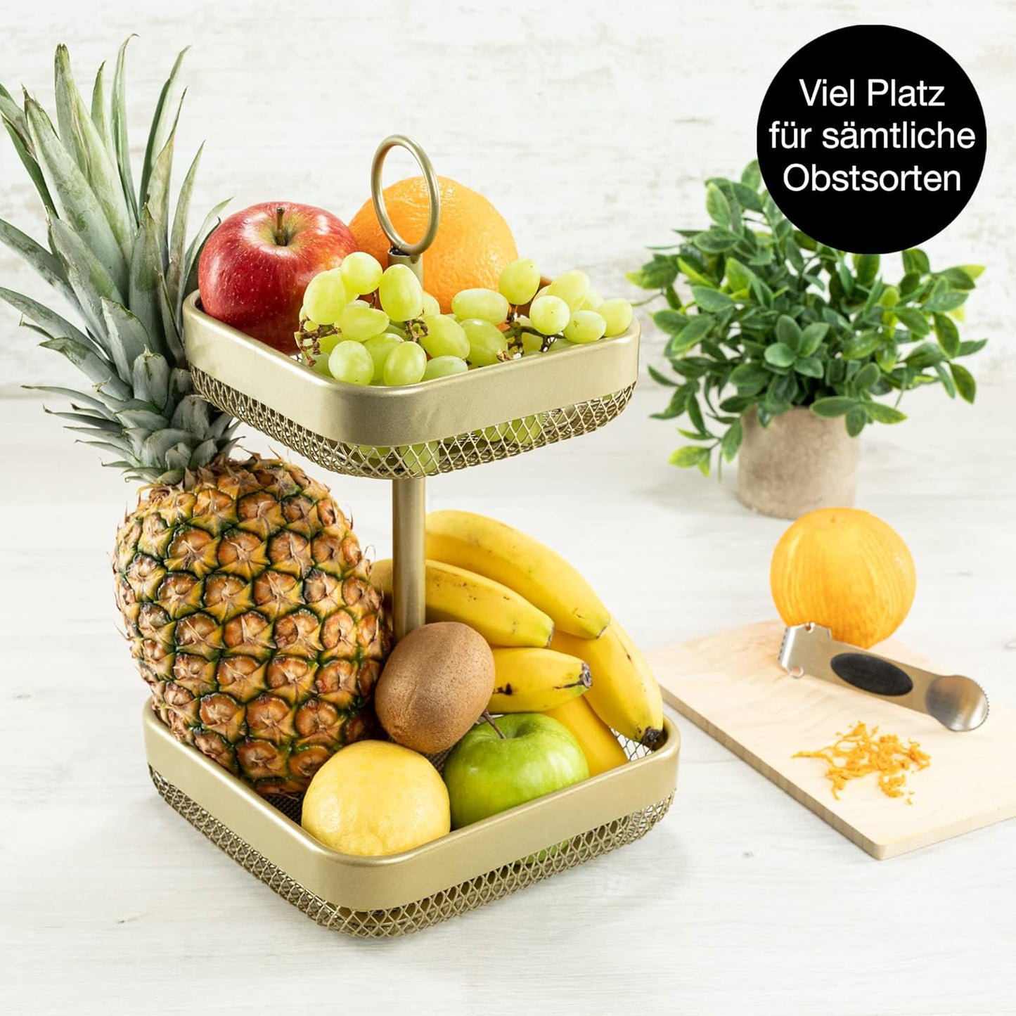Moderne Obst-Etagere, Gold Eckig