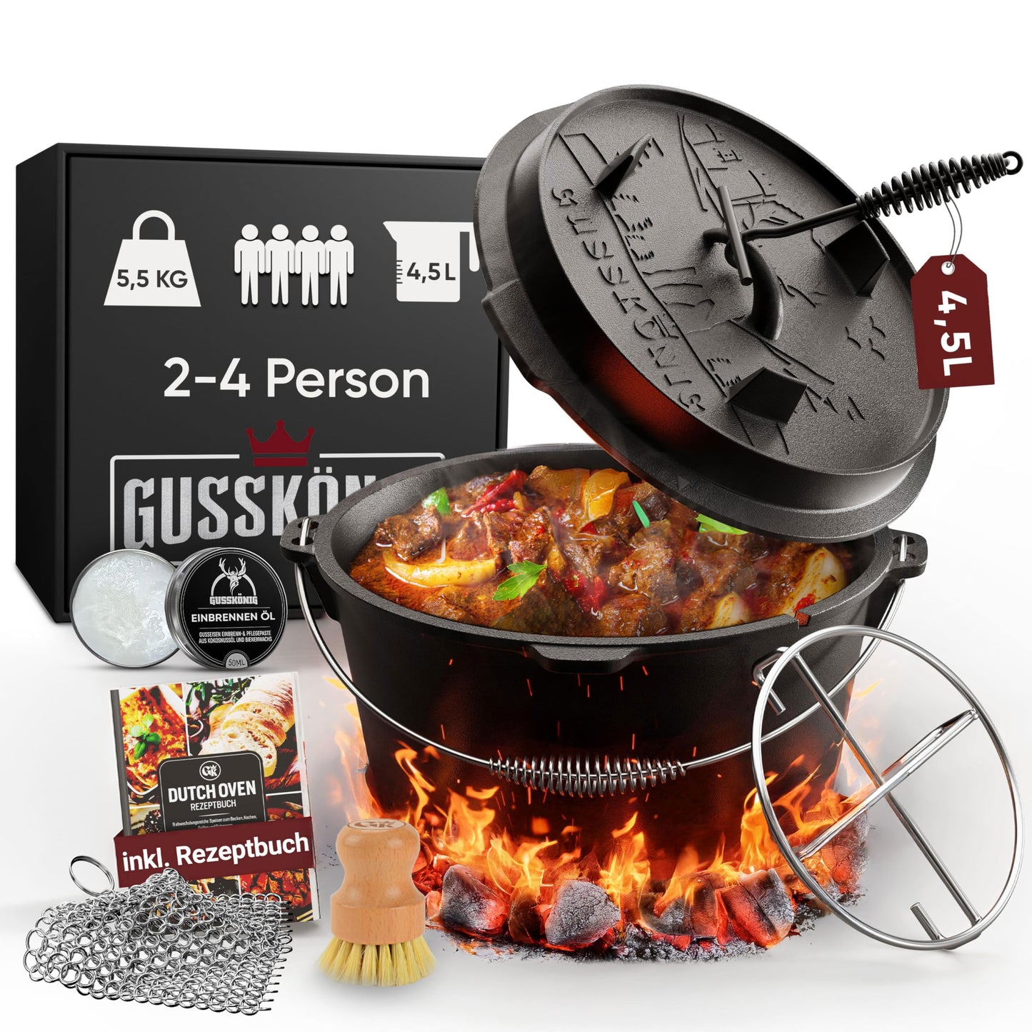 Dutch Oven Set mit Zubehör und Rezeptbuch, Topf ohne Fuss+Bürste 4.5 Liter