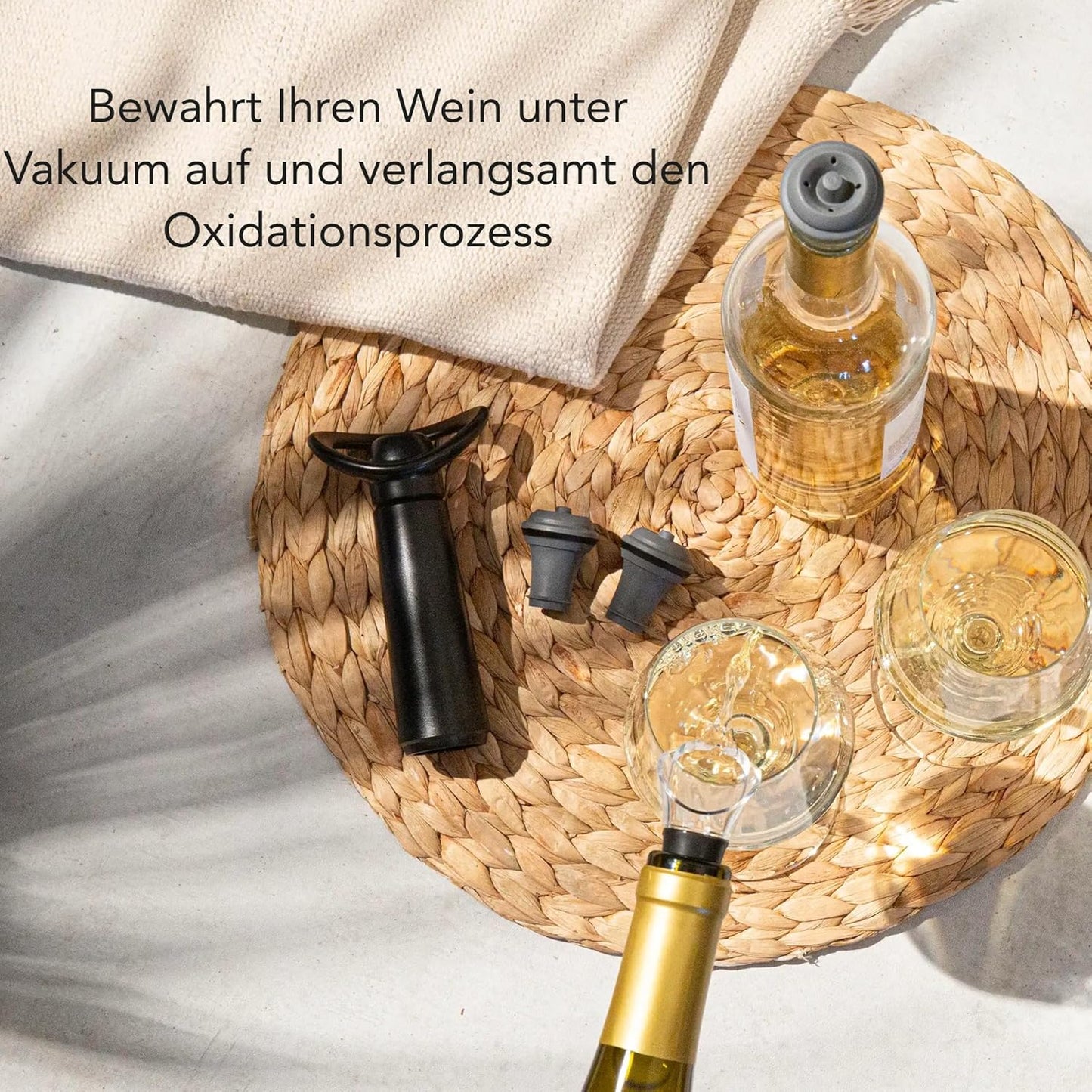 Weinpumpe Concerto mit Stopper-Set mit Pumpe und Stopfen, 1 Pumpe 4 Stopfen Schwarz