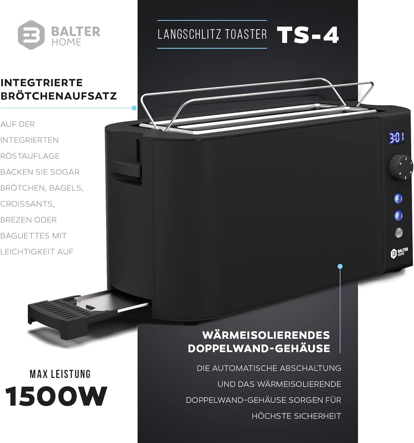 TS-04-BL - Toaster für 4 Scheiben - Langschlitz mit LCD Display, Schwarz