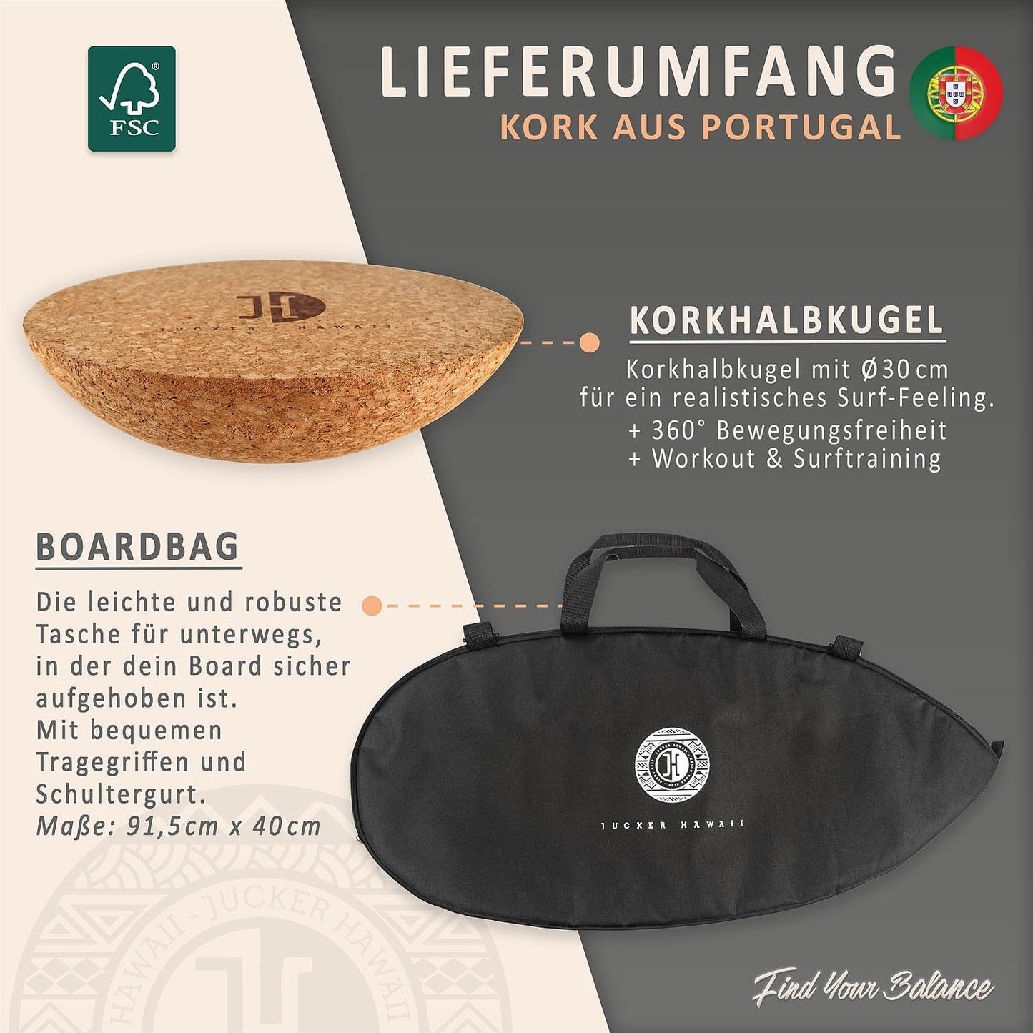 Balance Board mit rutschfester Oberfläche, Bambus + Korkhalbkugel