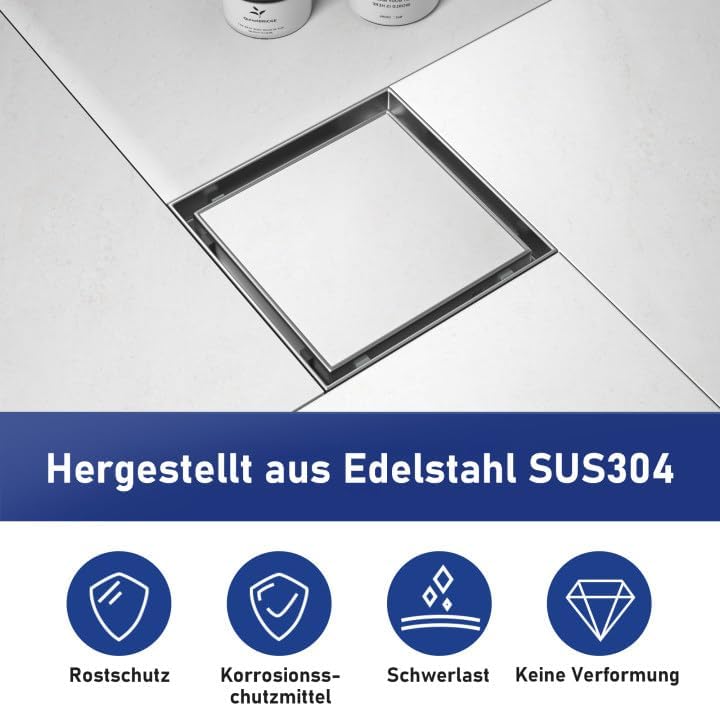 Quadratische Duschrinne mit Siphon und Haarsieb, Silber 15cm