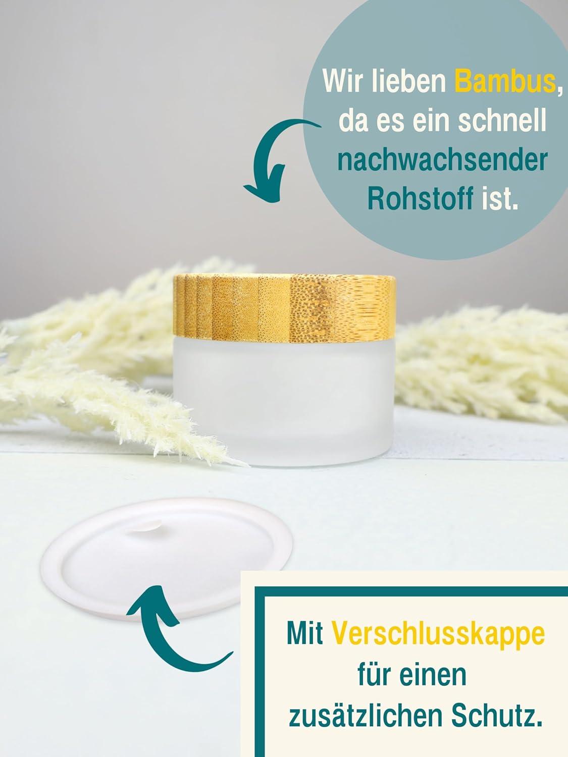 Leere Glastiegel mit Bambusdeckel, 5x 50 ml, 50ml | 5 Stück Milchglas mit Bambusdeckel