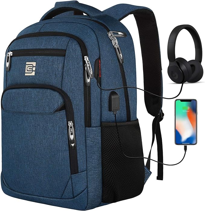 Laptop-Rucksack mit USB-Ladeanschluss, schwarz, 17,3 Pouces, Blau