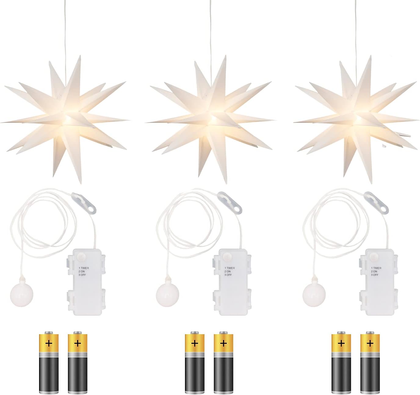 3er Pack 3D Leuchtstern, Weiss