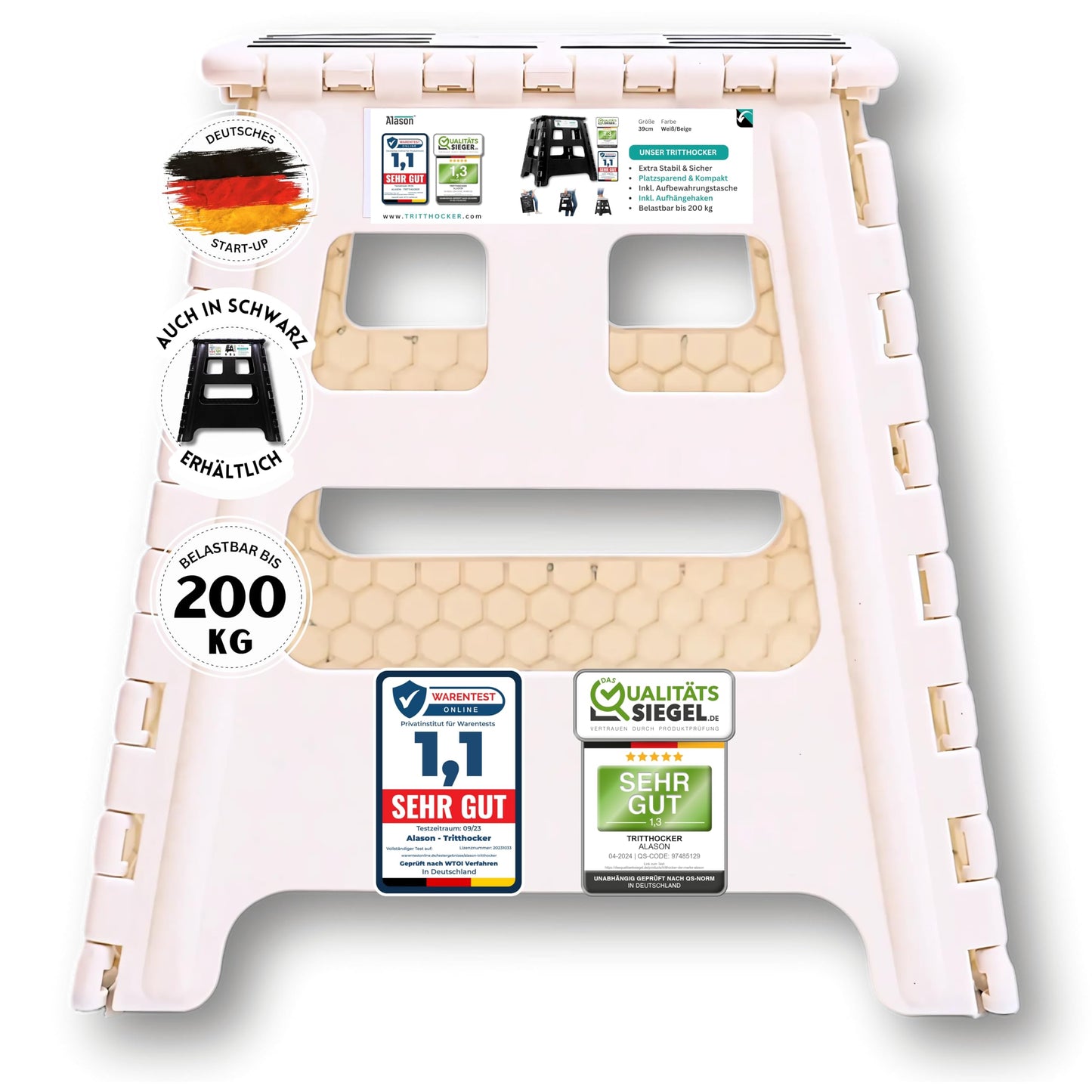 Klappbarer Tritthocker, Weiss/Beige 39cm Hoch