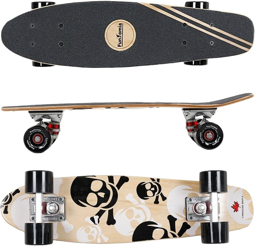 Mini-Board Cruiser, Weiss Totenkopf / mit Schwarzen Rollen