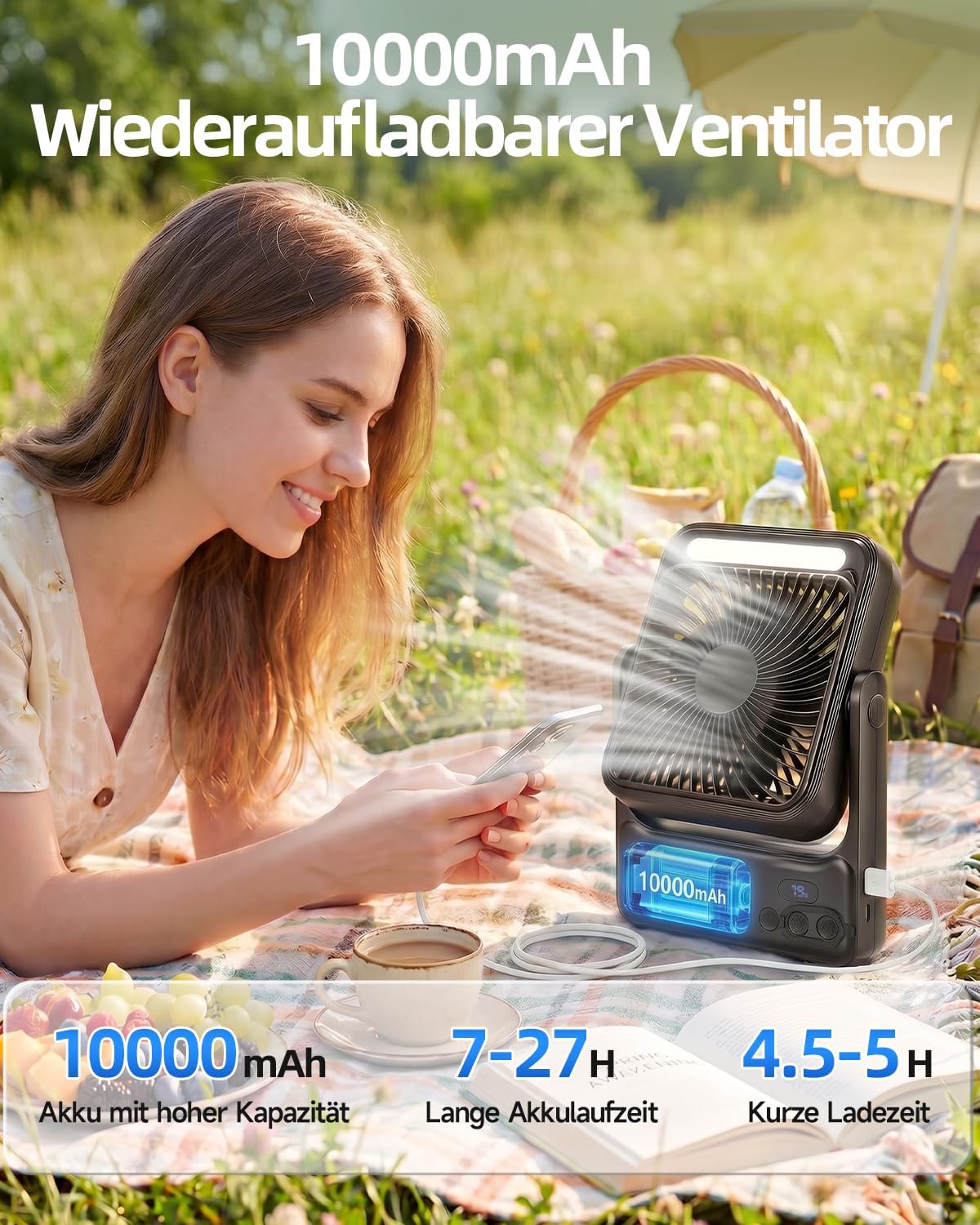 Akku-Tischventilator YH-F151 mit LED & Powerbank-Funktion, L