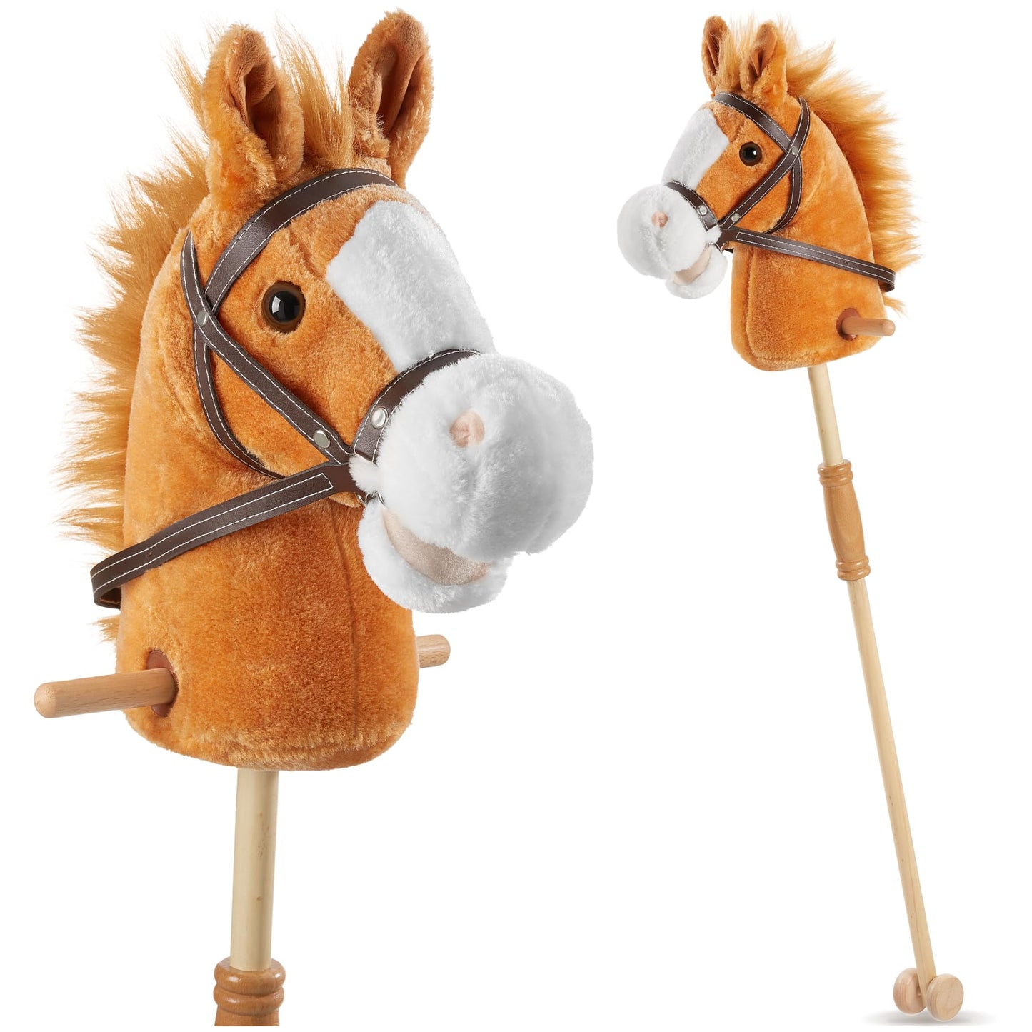 Steckenpferd mit Holzstab und Doppelrolle, Braun