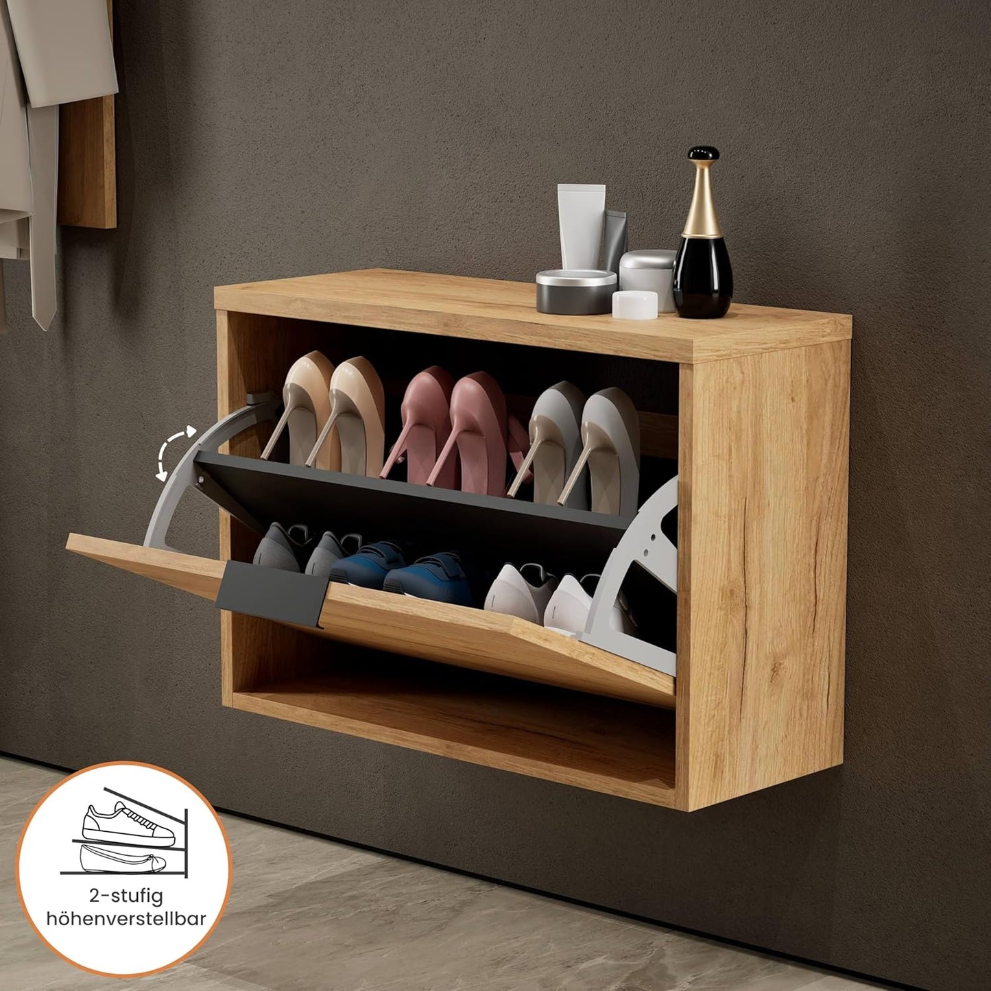 Schuhschrank mit Klappfach und Ablagen, 1 Klappe Gold Eiche