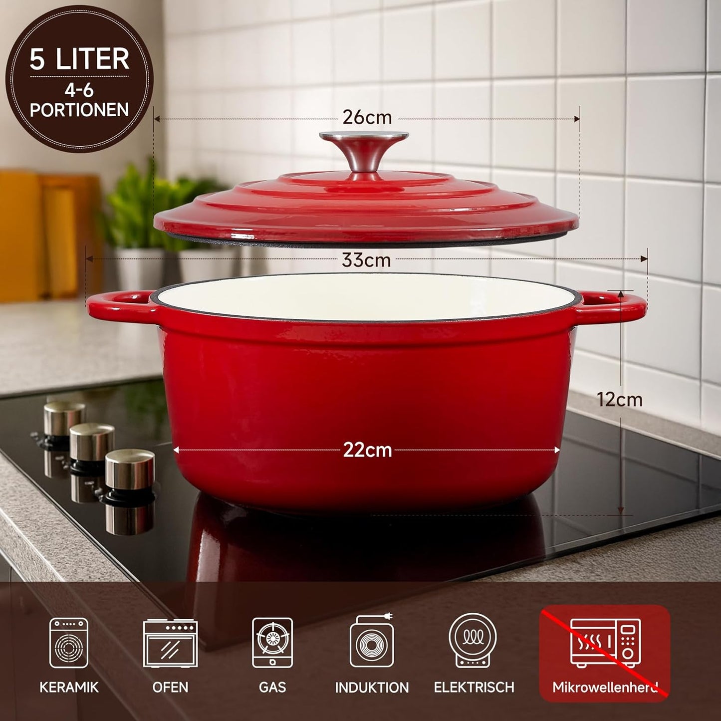Schmortopf mit Deckel & Topflappen, 26cm/5L Rot mit cremeweiß
