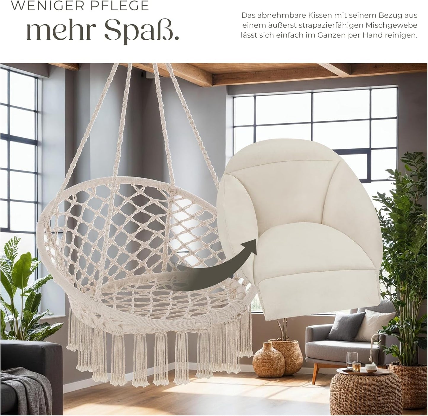 Hängesessel Samira mit Gestell & Kissen, Boho-Stil 80 cm, Beige