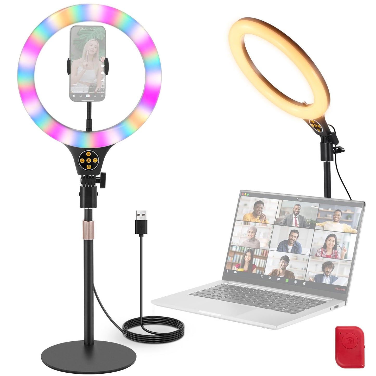 N37 RGB Ringlicht mit Ständer und Handyhalterung, Schwarz 10,5" RGB mit rundem Sockel