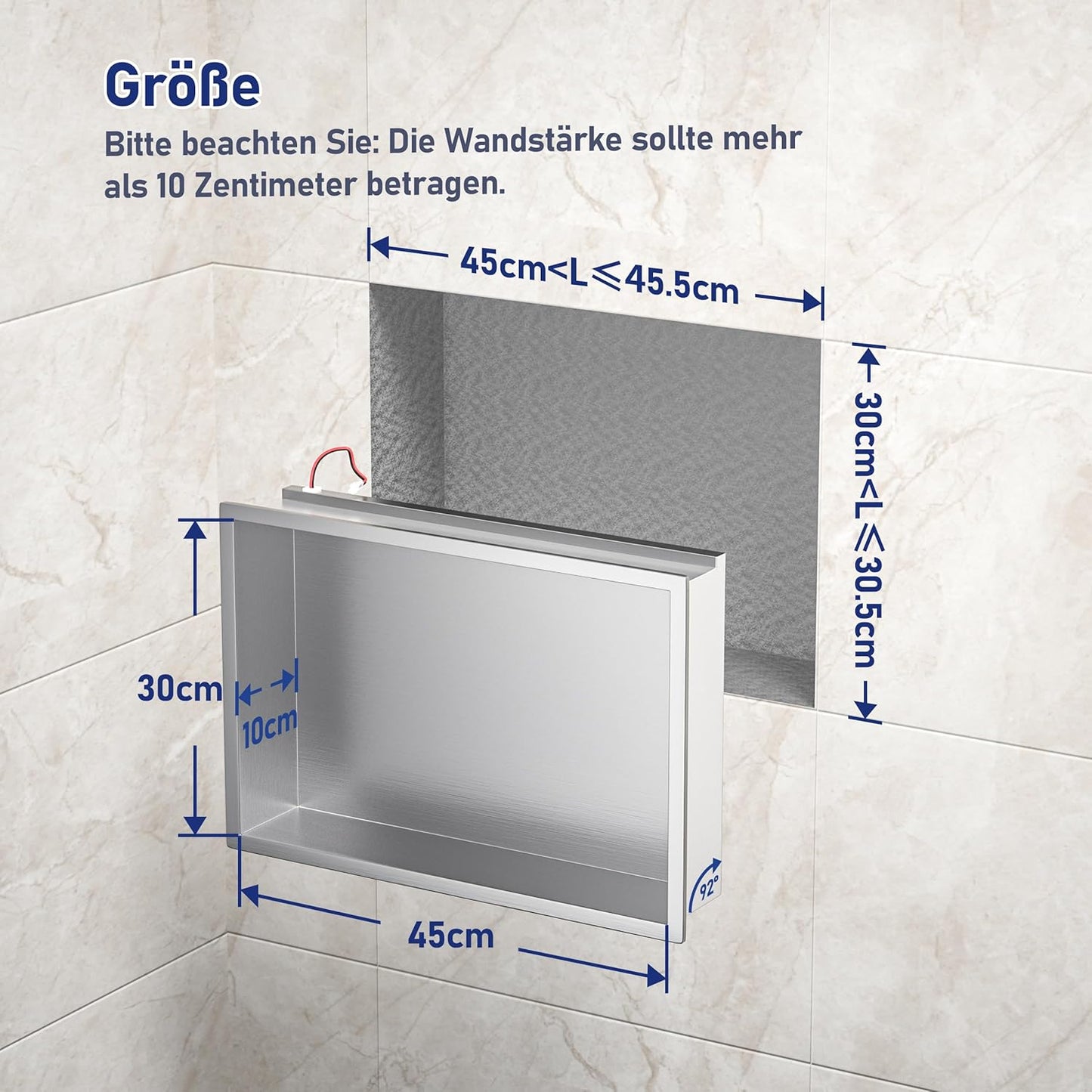 Duschnische mit LED-Licht, wasserdicht, Silber 45 x 30 x 10 cm