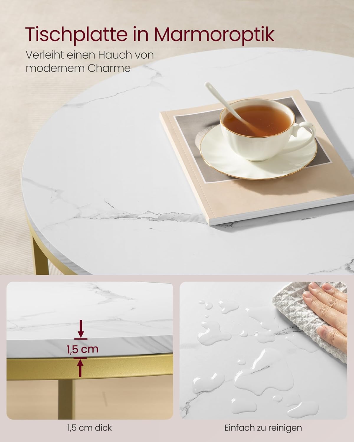 Couchtisch mit Glasplatte, 65d cm Marmorweiss + Helles Gold