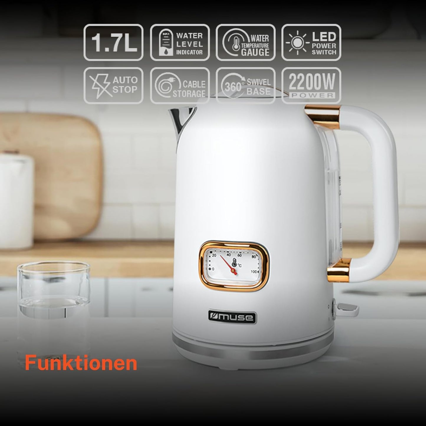 Retro Wasserkocher MS-030 W mit Temperaturanzeige, Weiss