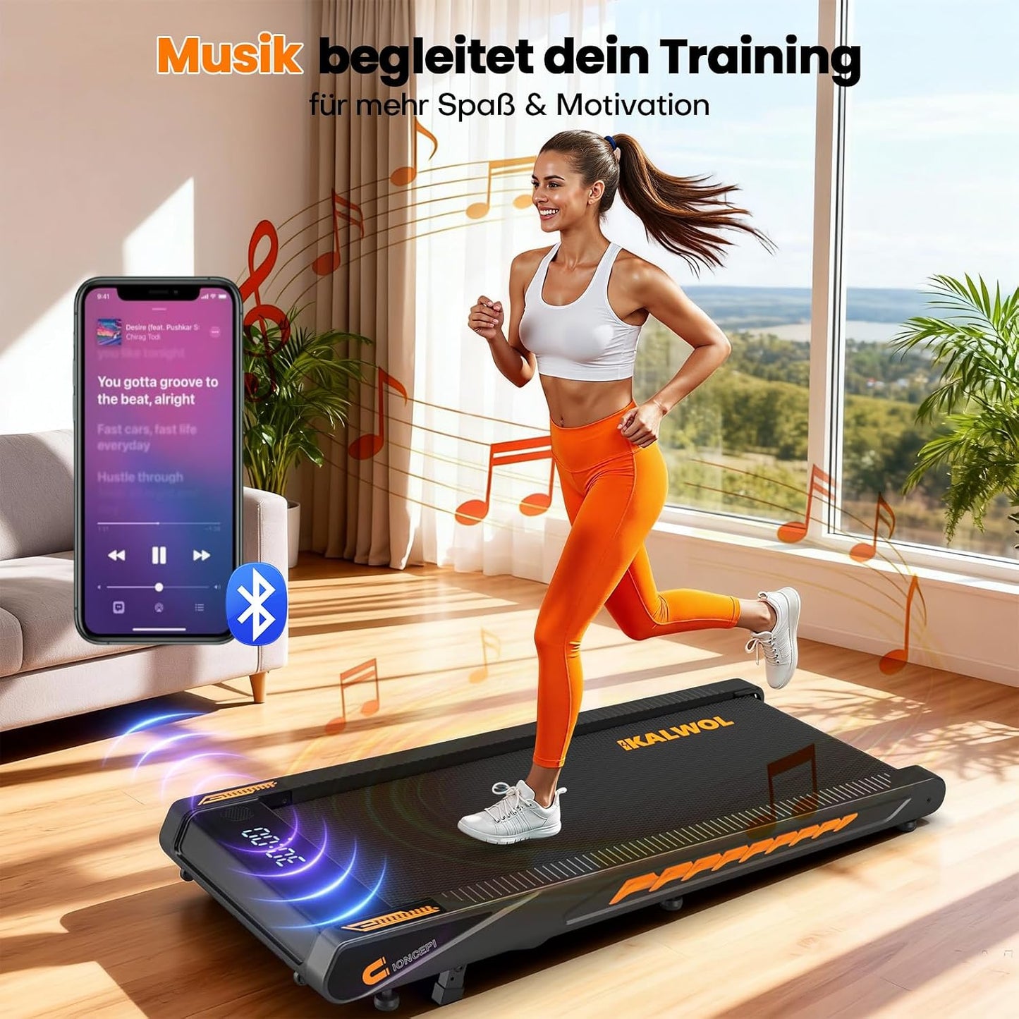 Walking Pad Laufband 10km/h mit Bluetooth Speaker, Schwarz-Dunkelorange