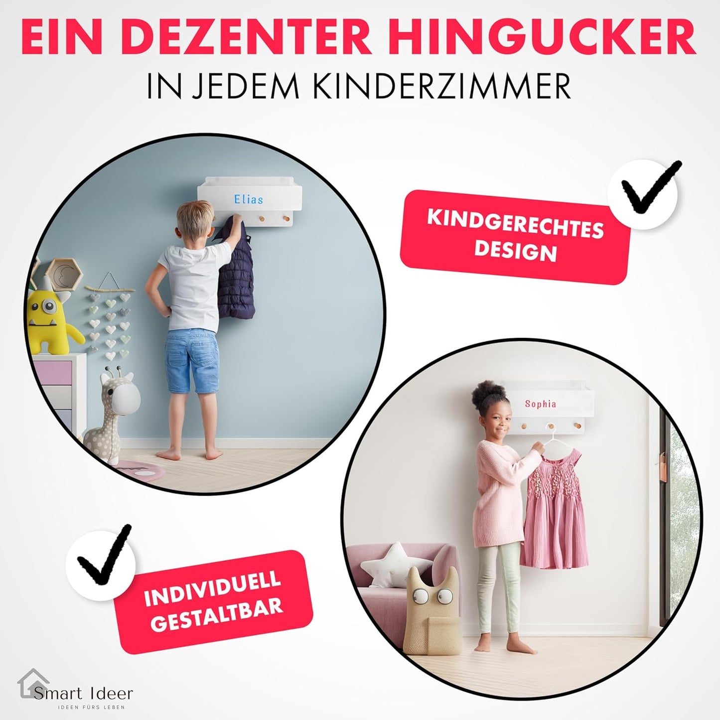 Kindergarderobe mit Holzablage und 4 Haken