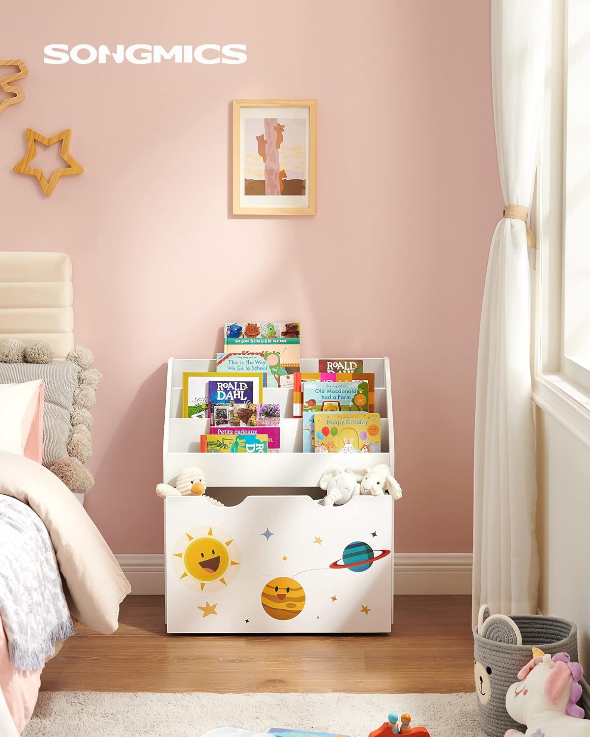 Kinderregal Kiddy auf Rollen, Weiss + Weltraum-motiv