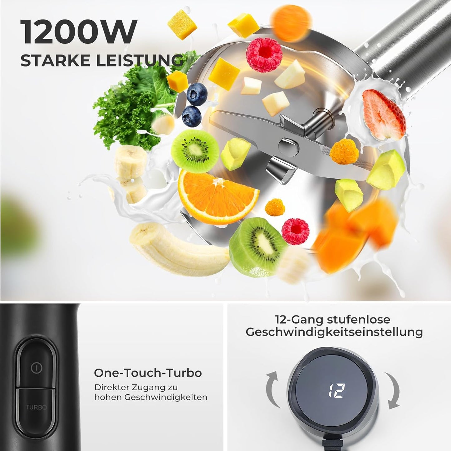 Stabmixer Set 6-in-1 mit Turbofunktion (1200 Watt), 6-in-1 Stabmixer