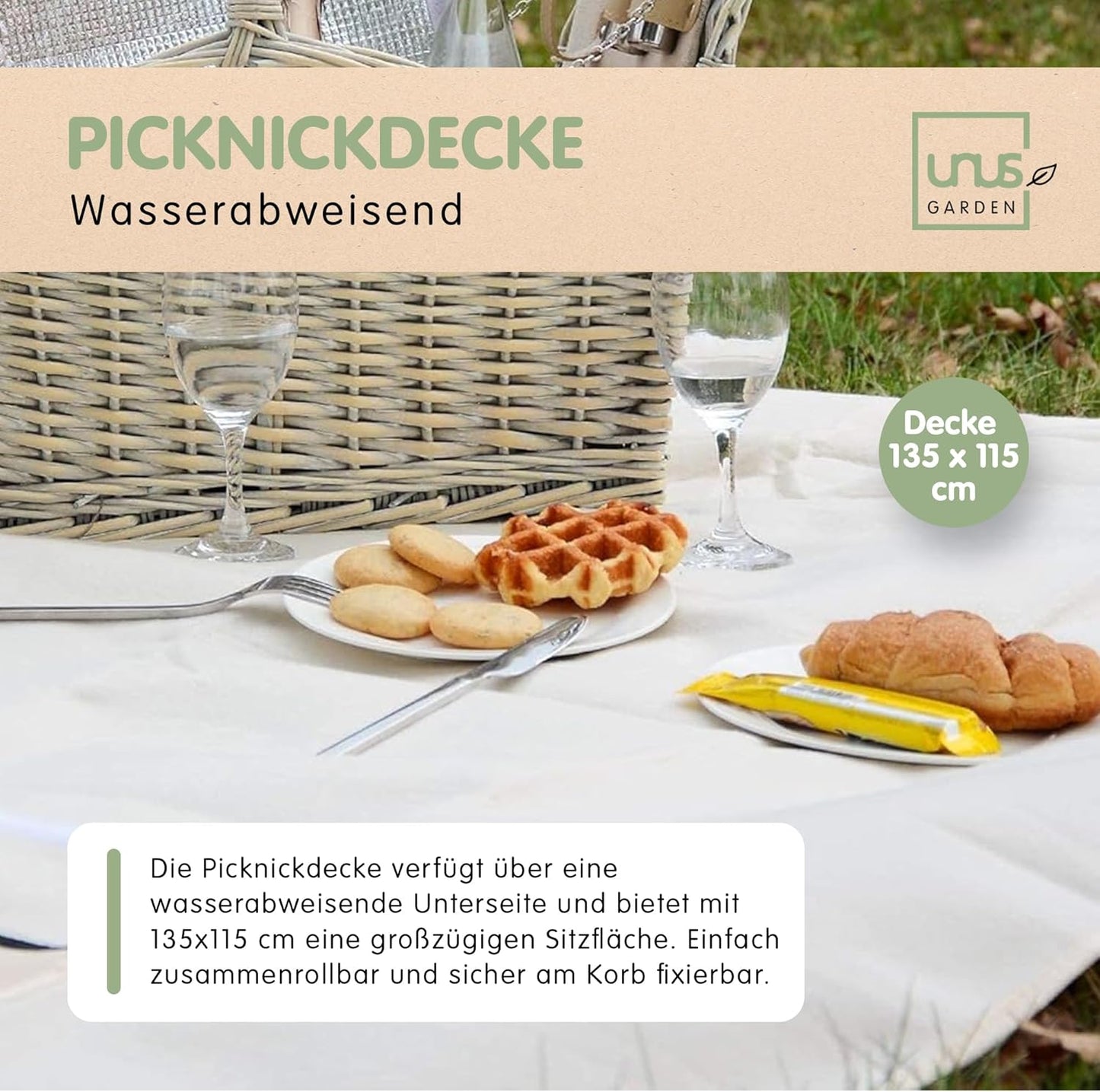 Picknick Set mit Kühltasche und Decke für 2 Personen, Grau / Weiss / Blau