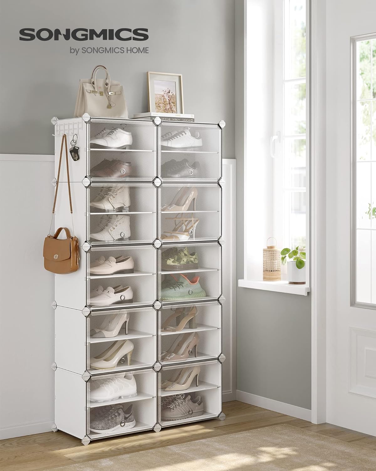 Schuhregal mit 10 Fächern für bis zu 40 Paar Schuhe, 10 Fächern (83B x 156H cm) Wolkenweiß + Transparent