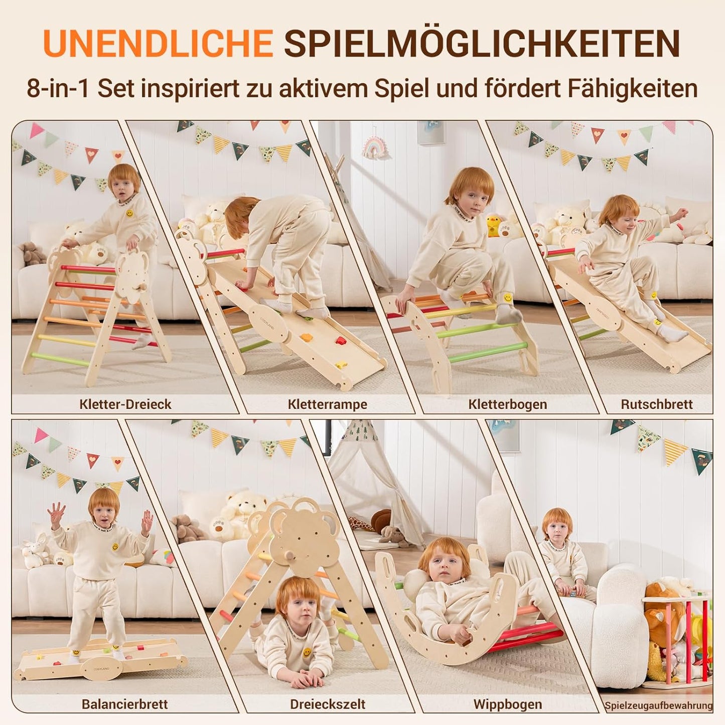 8-in-1 Klettergerüst Indoor mit Rutsche, L Natur/Warmfarben