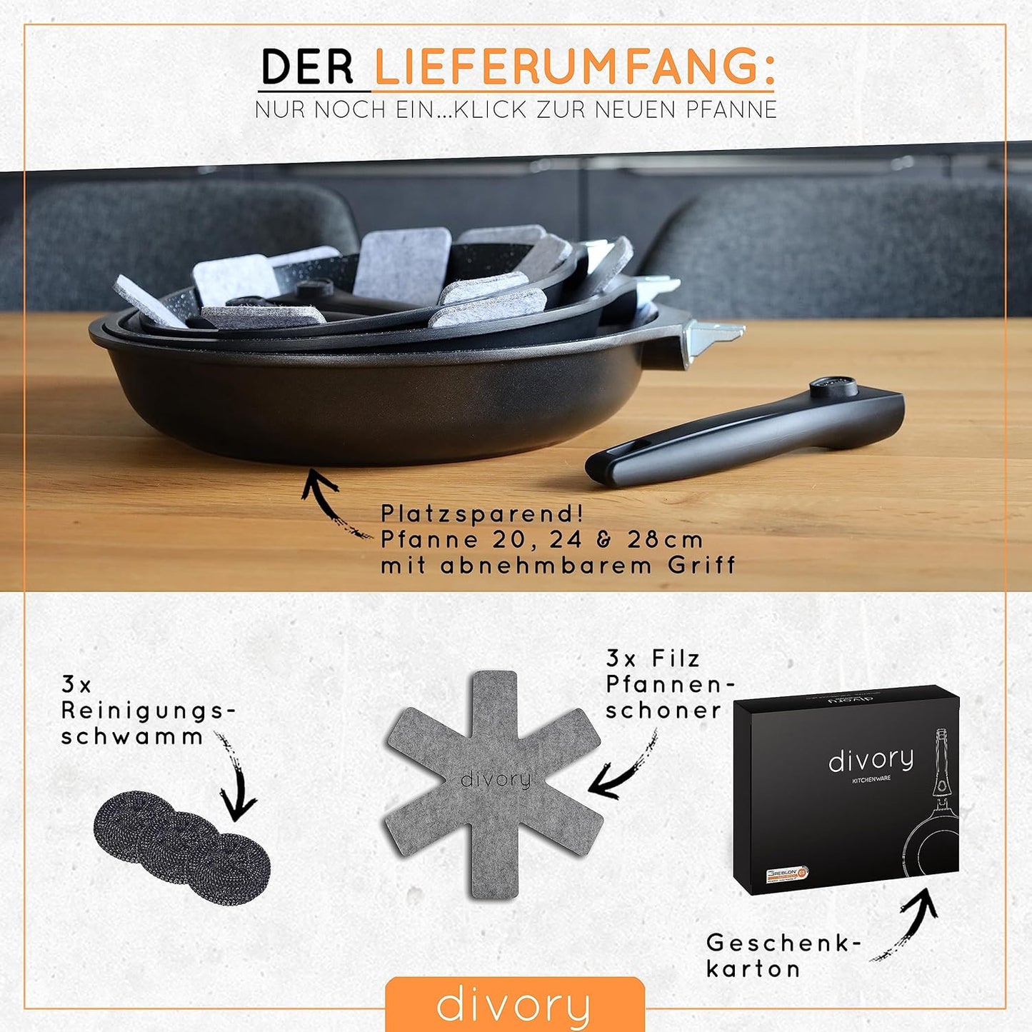 Pfannenset mit abnehmbarem Griff (3-teilig), Schwarz 3er Set (20/24/28cm)