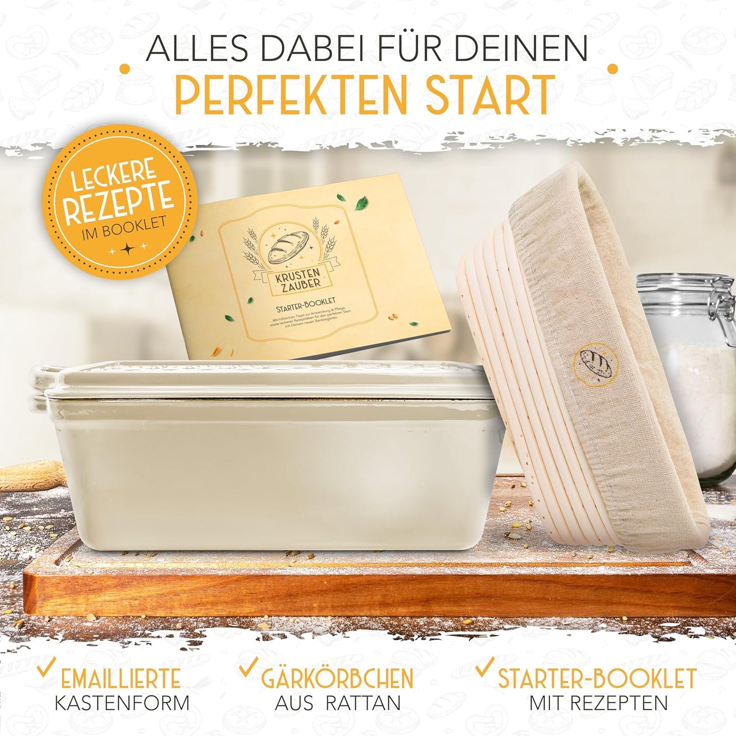 Brotbackfrom mit Deckel inkl. Gärkorb, Creme Kastenform