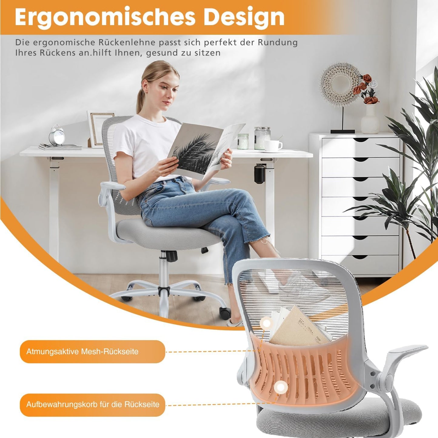 Ergonomischer Bürostuhl mit Lendenwirbelstütze, Verstellbare Armlehnen-gray