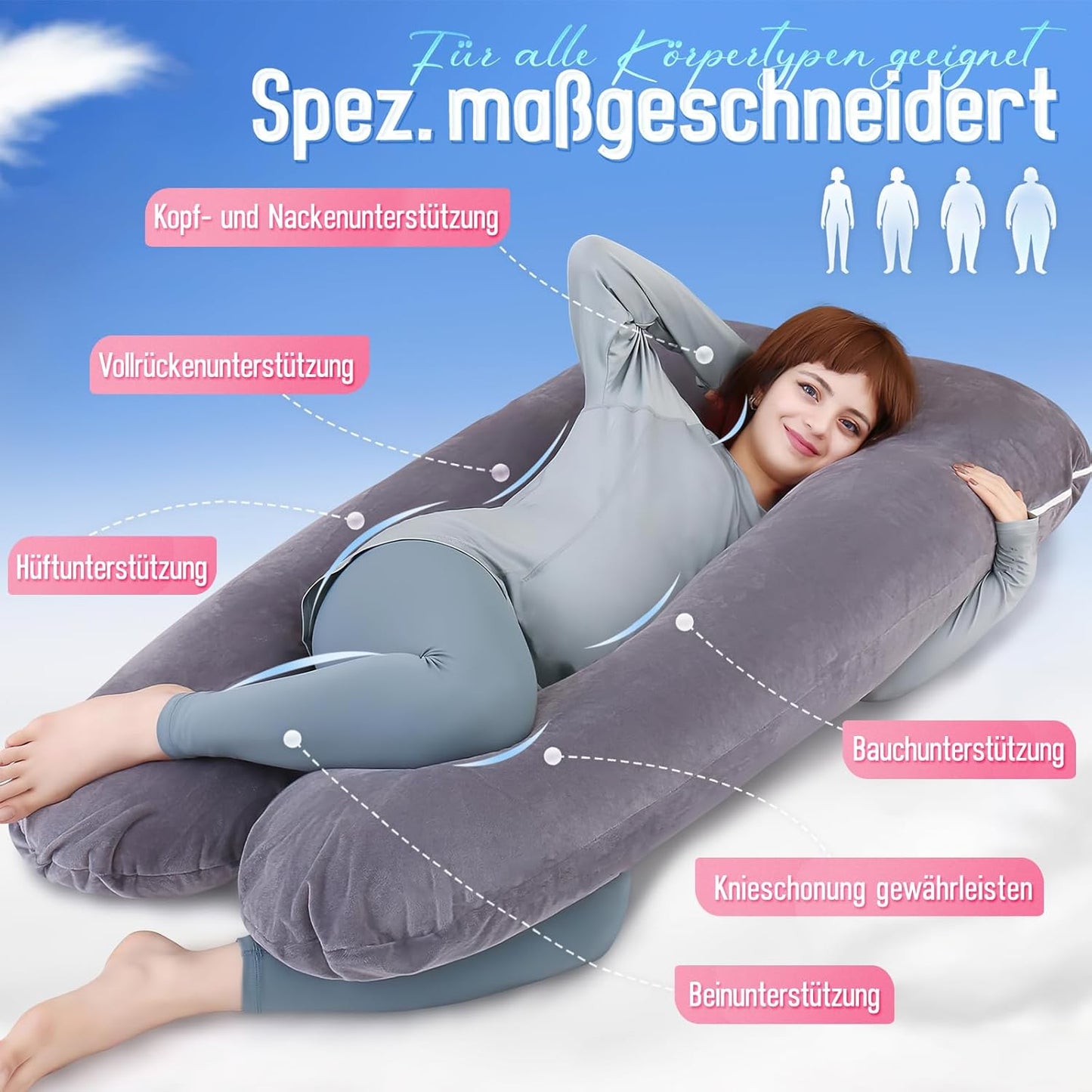 U-förmiges Schwangerschaftskissen für Ganzkörperunterstützung, Dunkelgrau Baumwolle