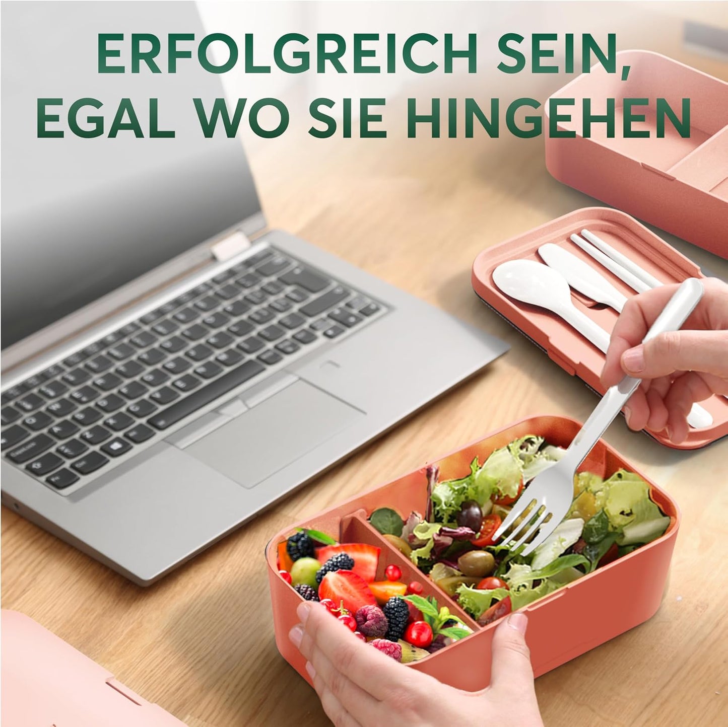 Auslaufsichere Bento Lunchbox mit Besteck & Fächern, Korallenrosa S - 900 ml