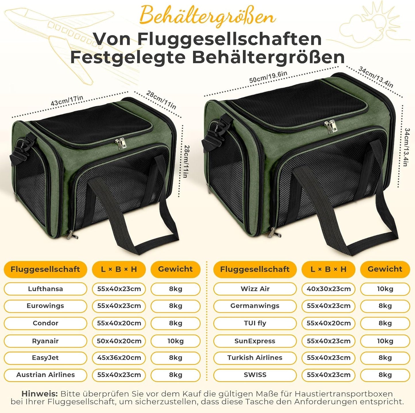 Faltbare Transporttasche bis 8 kg, 50 x 34 x 34 cm Grün