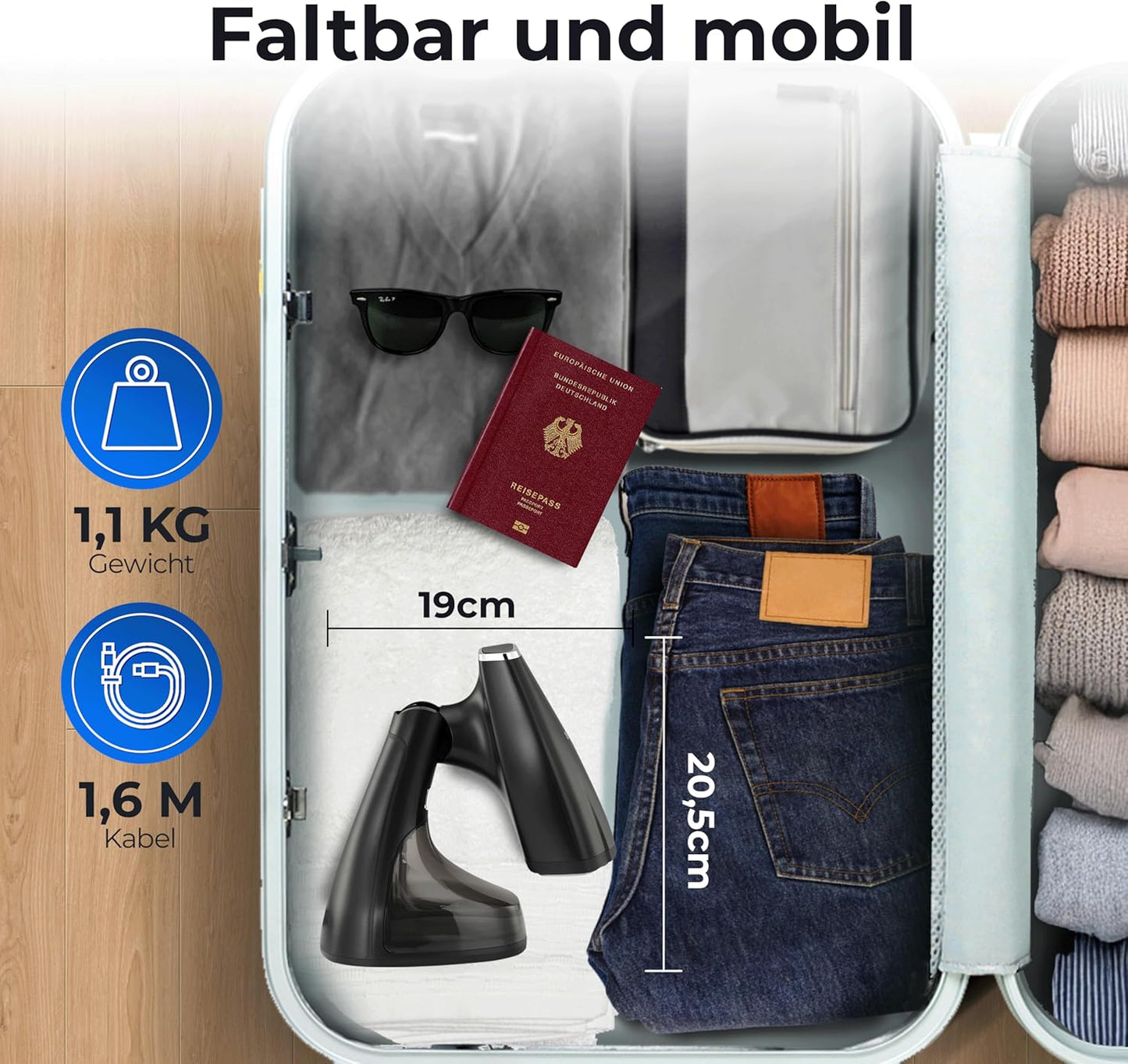 Dampfglätter 1800W klappbar für Reisen und Büro