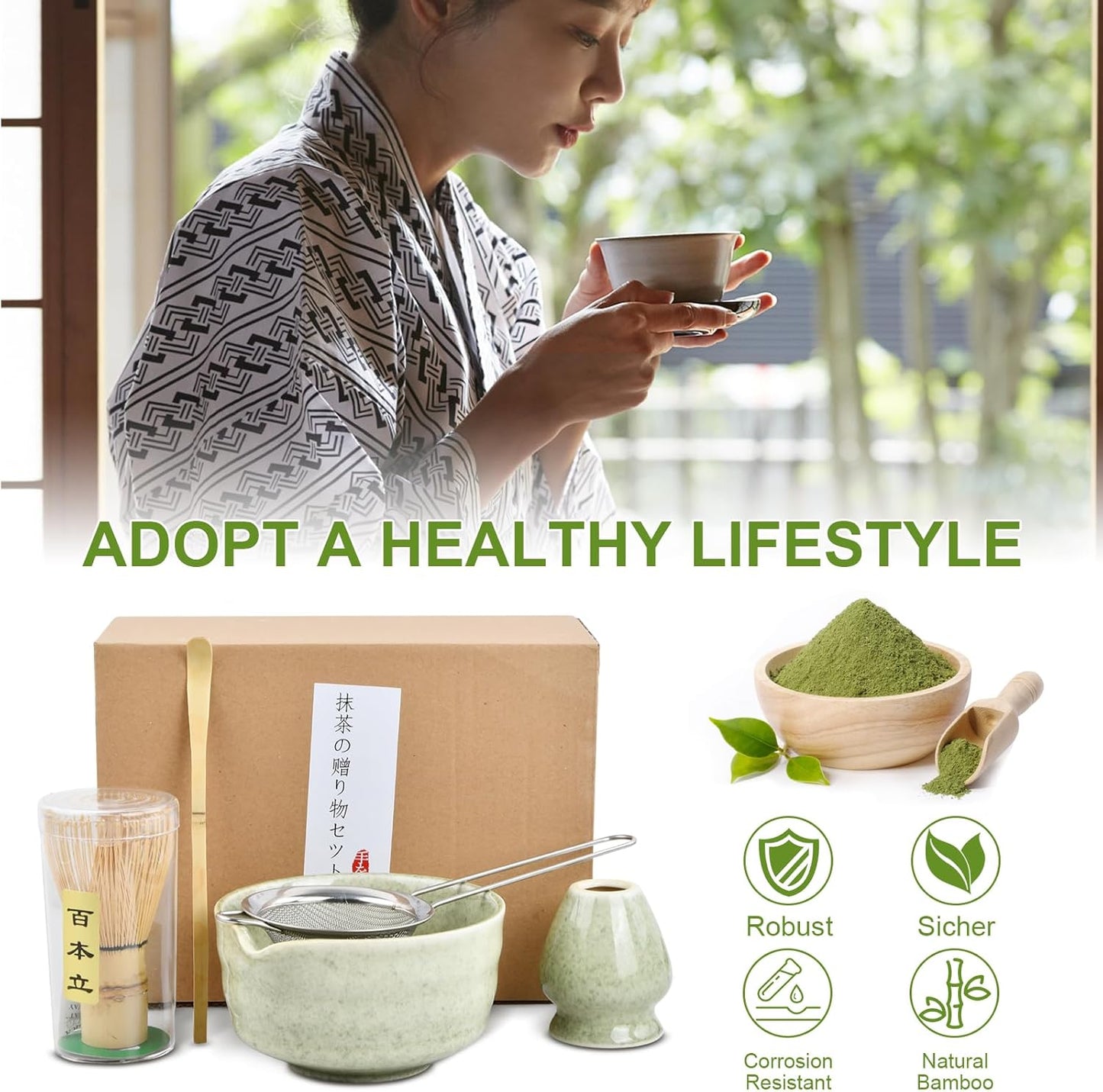 Japanisches Matcha Tee Set 5-teilig, Grasgrün