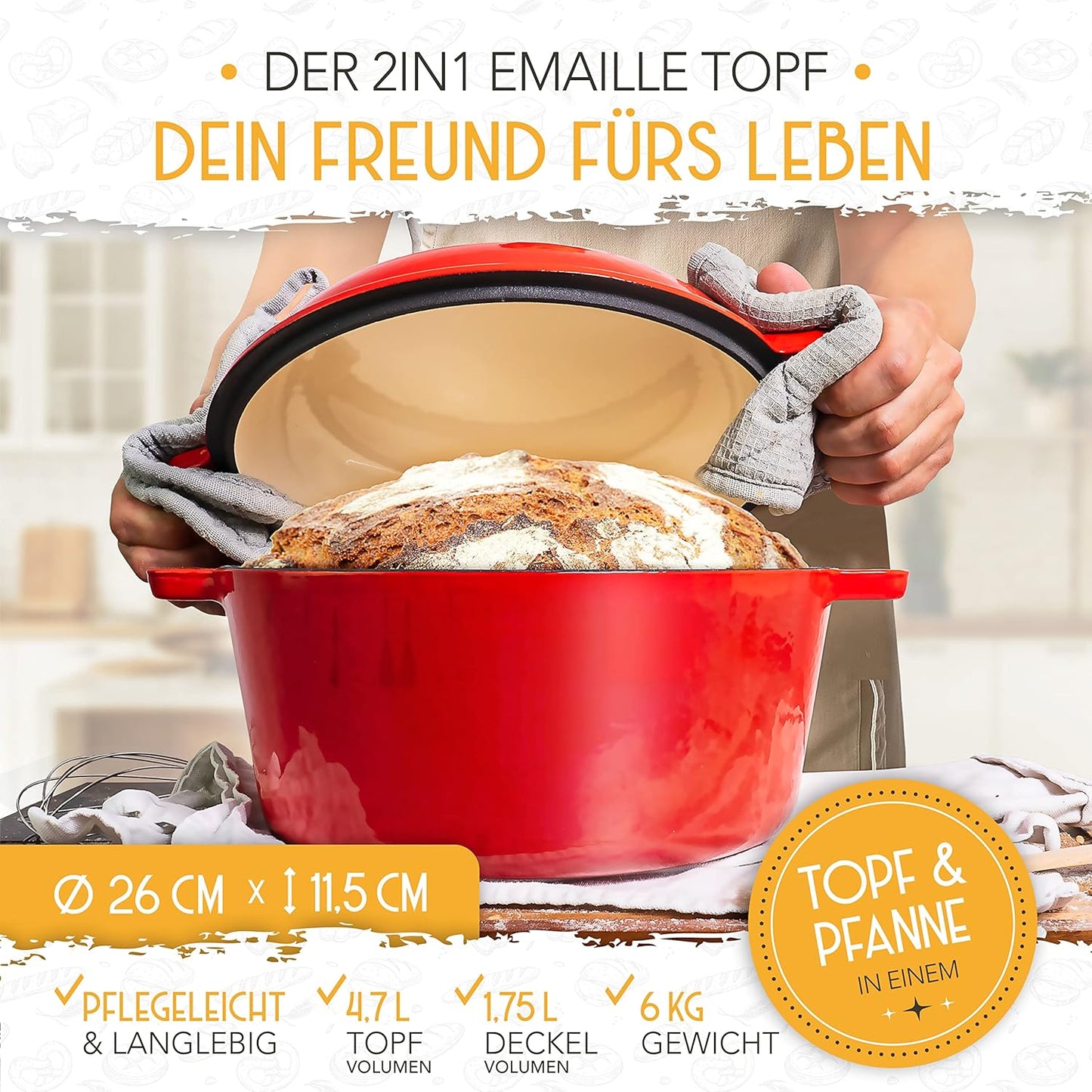 Gusseisen Brottopf mit Gärkorb, 2in1 Emaille Rot 2in1 Emaille Rot