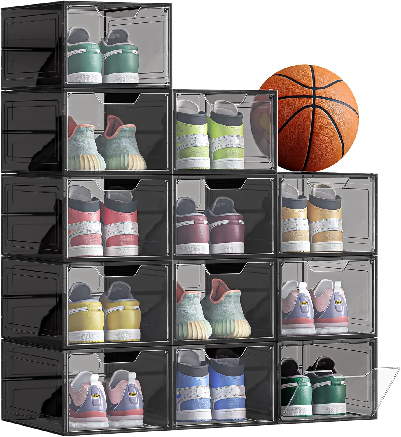 Schuh-Organizer Boxen-Set (12 Stück, stapelbar), Transparentes Schwarz 12