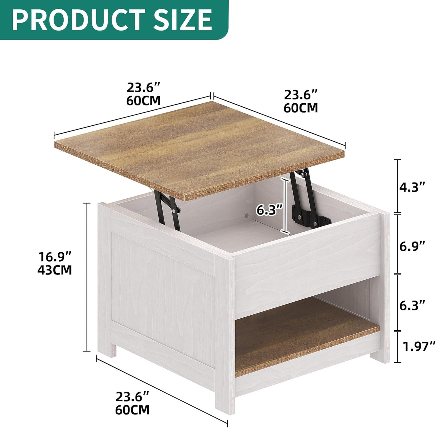 Couchtisch mit Hebeplatte und LED-Beleuchtung, 60 x 60 x 45 cm ; Anhebbar mit LED