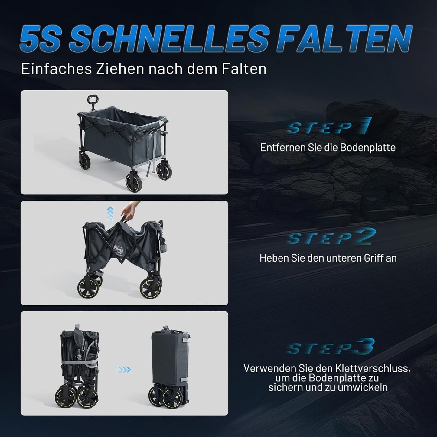 Faltbarer Bollerwagen mit verstellbarem Griff, Grau