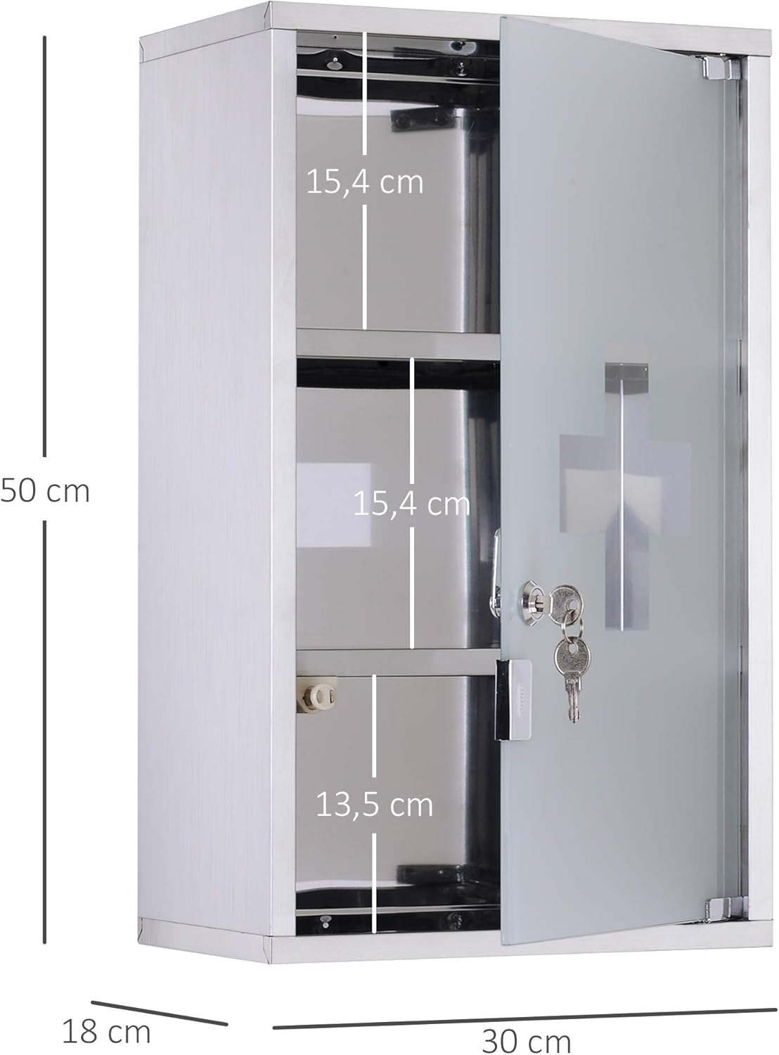 Abschliessbarer Medizinschrank mit Glastür, 3 Fächer, Silber B30 x T18 x H50 cm