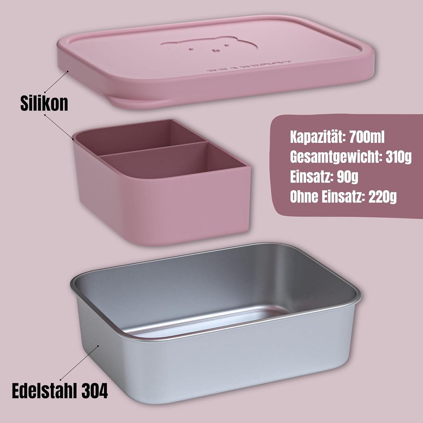 Brotdose mit Silikondeckel, Rosa 700ml