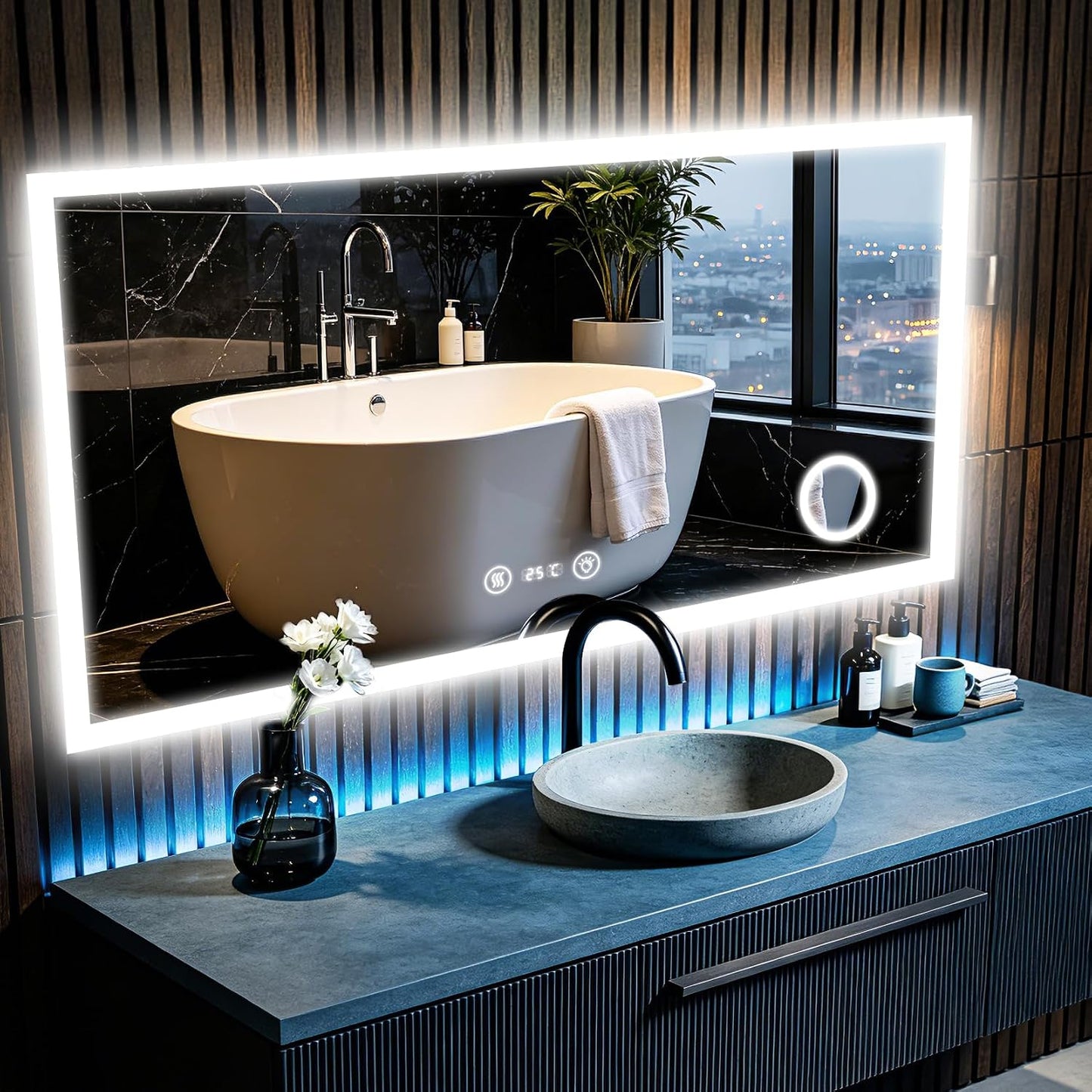 LED-Badspiegel mit Uhr und Schminkspiegel, 60L x 100B cm mit Uhr