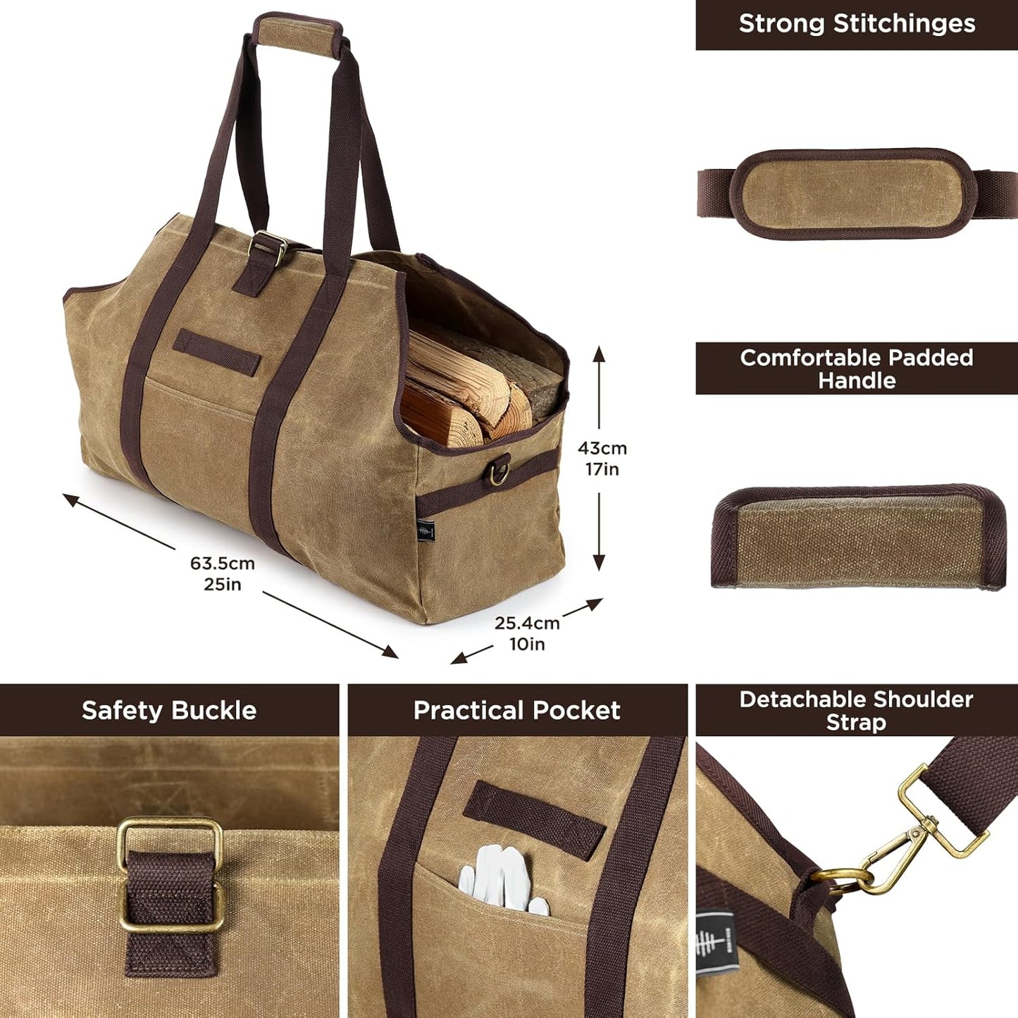 Wasserdichte Kaminholztasche, Khaki