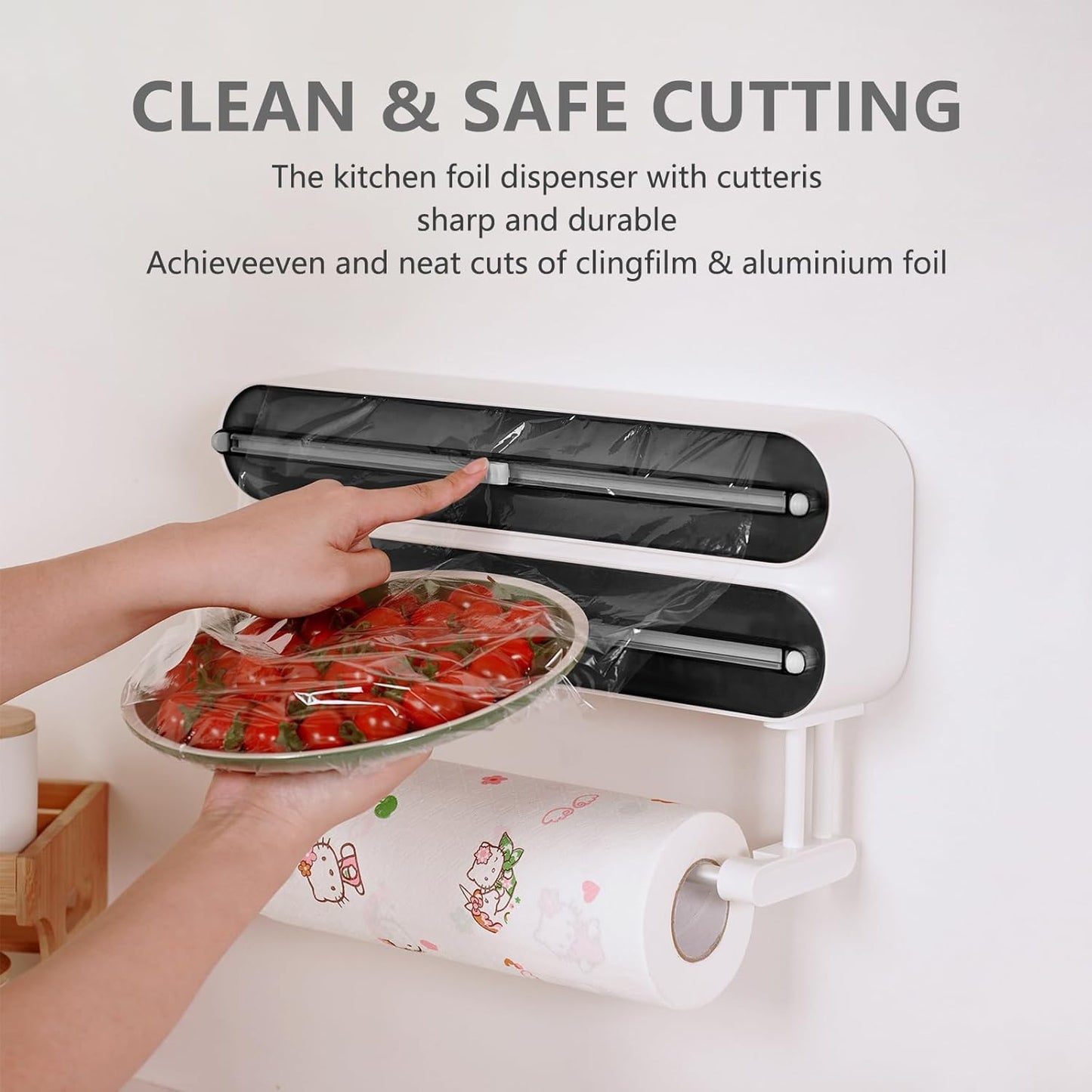 3-in-1 Küchenrollen- und Folienspender mit Cutter, Weiss/Opulenter Garten