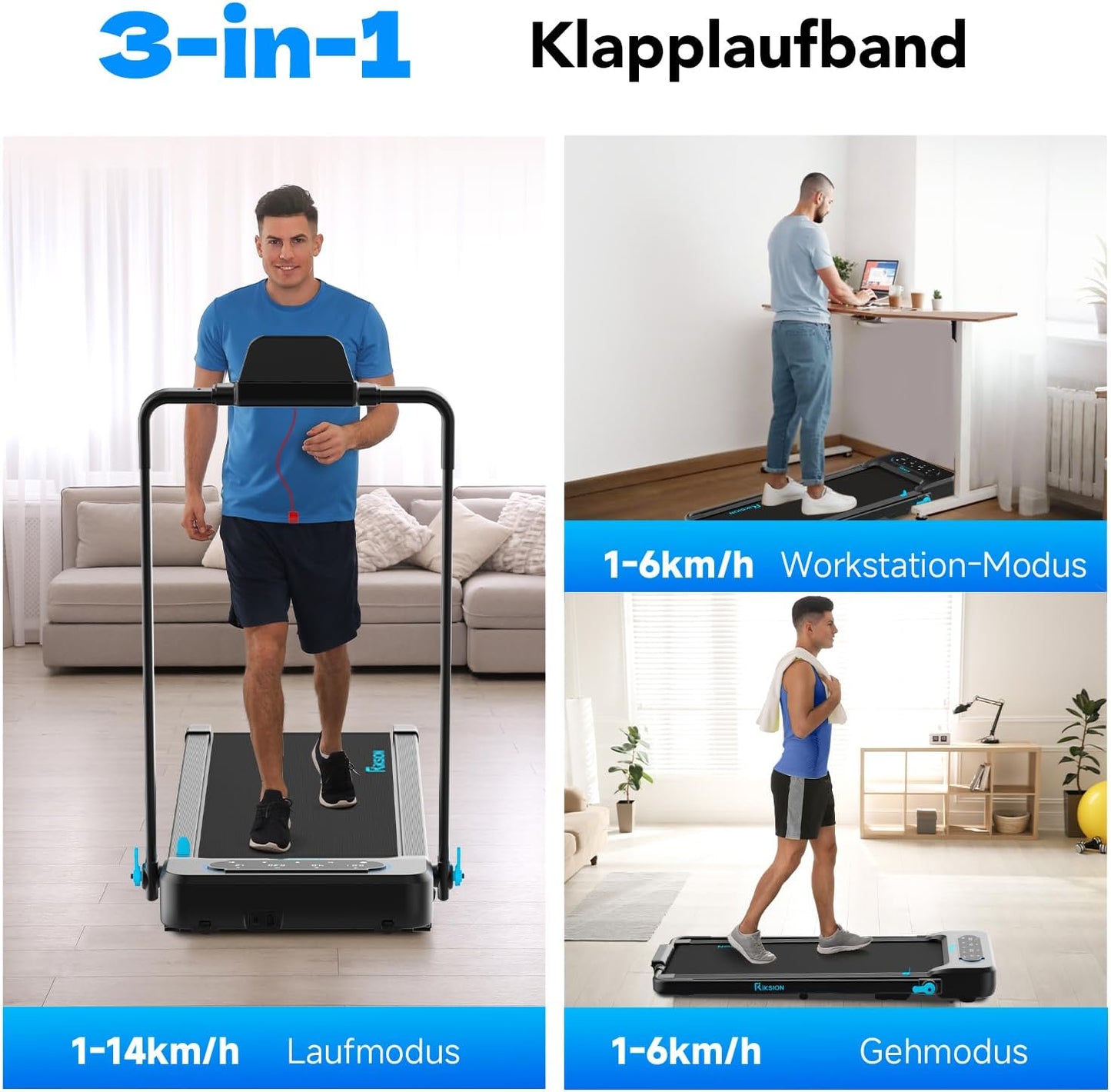 Klappbares Laufband mit Neigung und App-Steuerung, blau